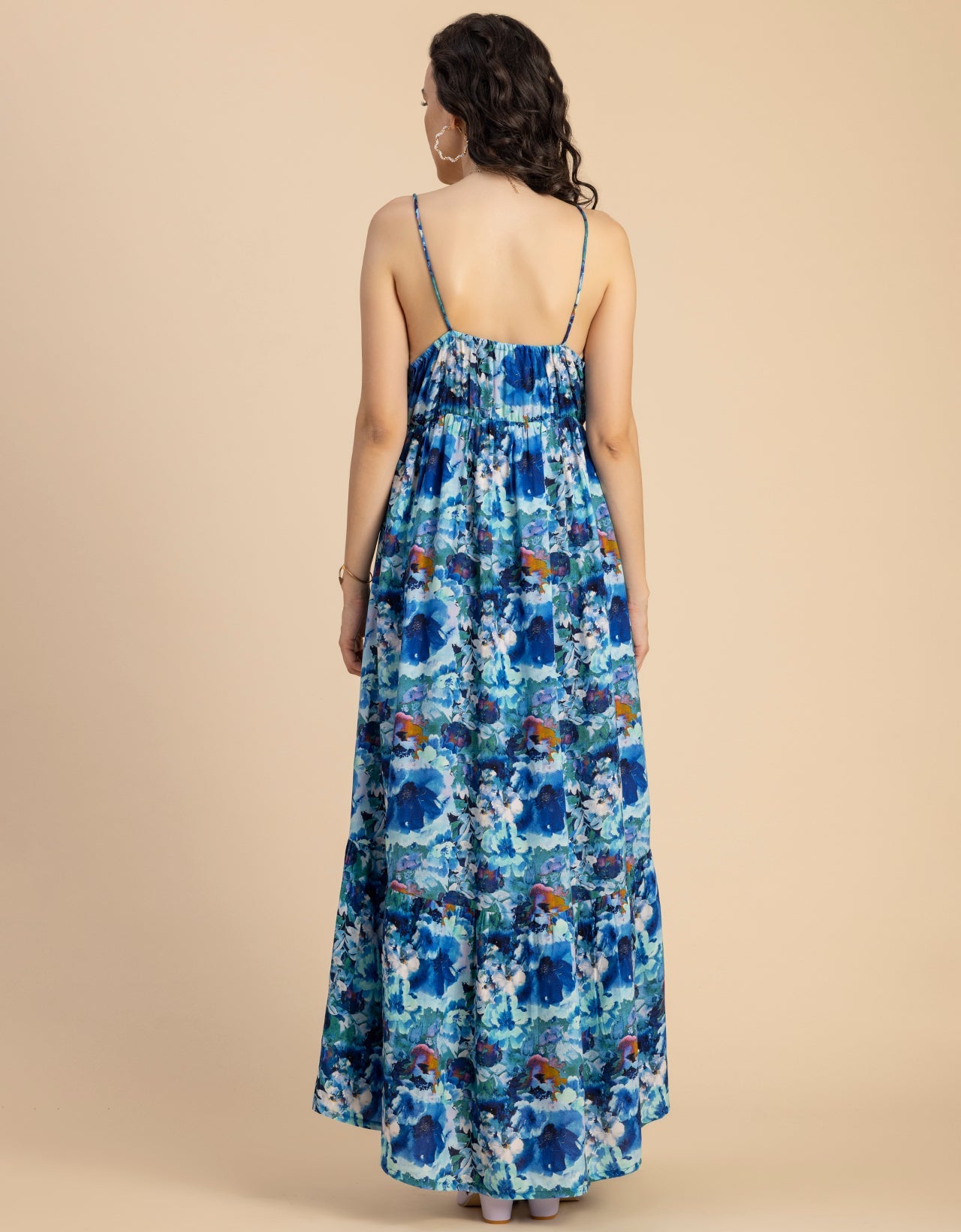 Shoulder Straps V Neck Printed Rayon Dress
