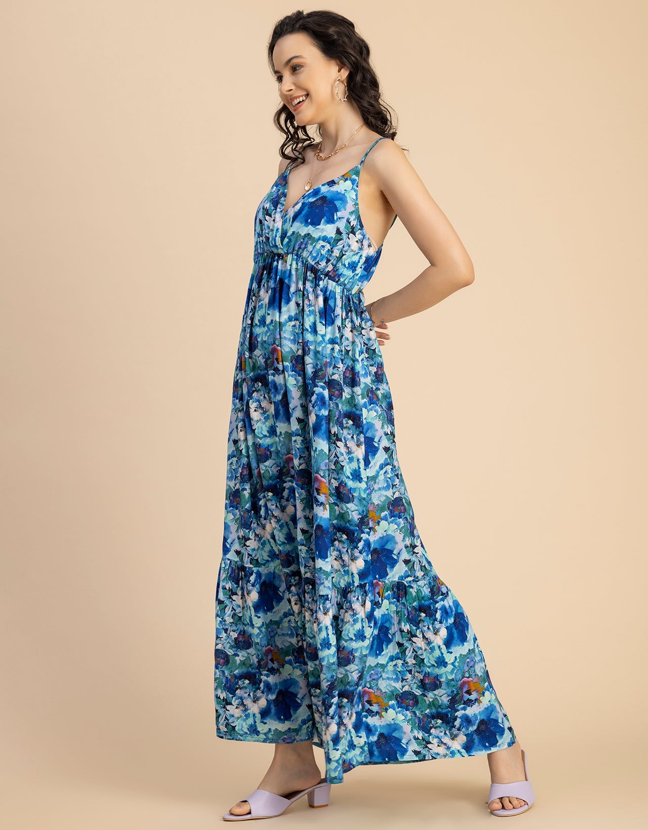 Shoulder Straps V Neck Printed Rayon Dress