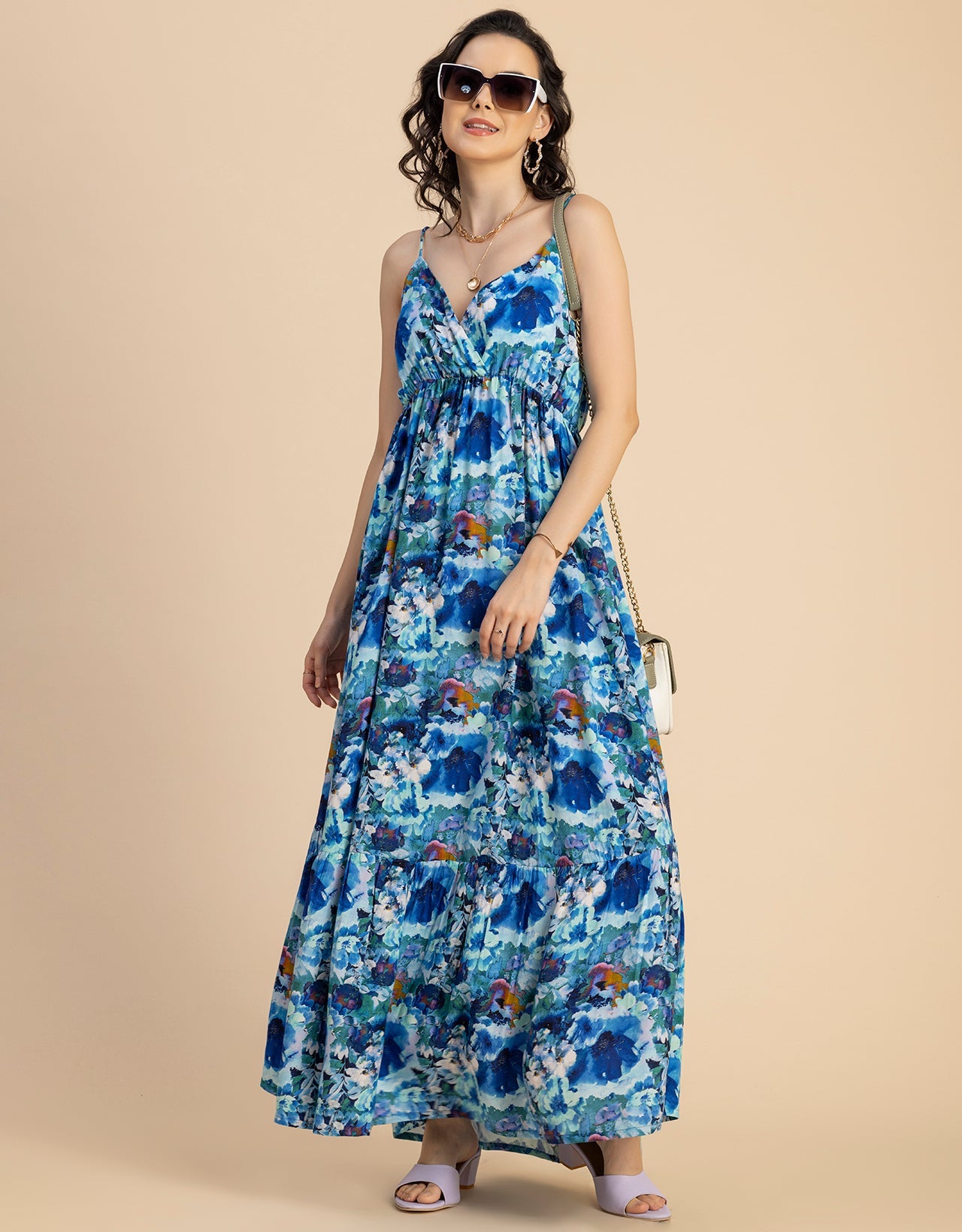 Shoulder Straps V Neck Printed Rayon Dress