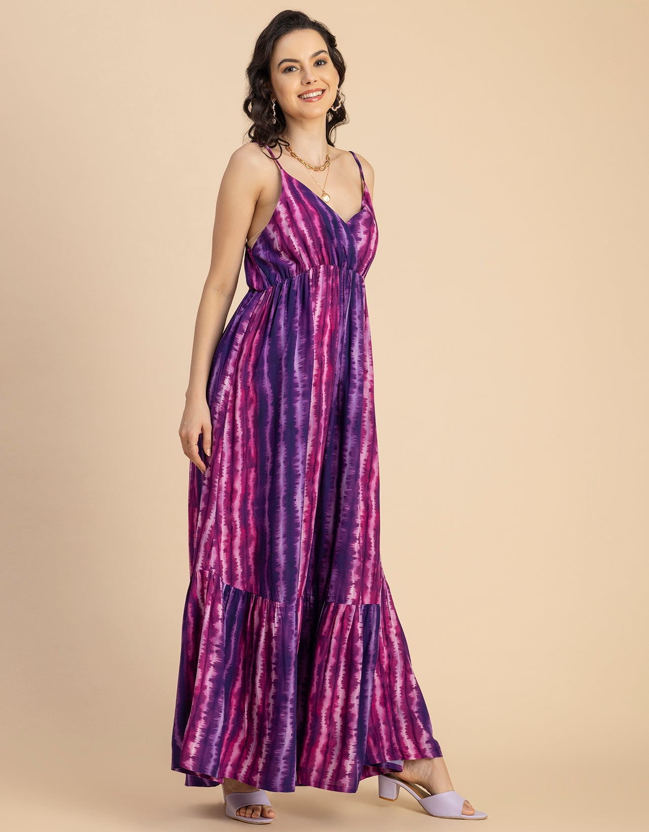 Shoulder Straps V Neck Printed Rayon Dress
