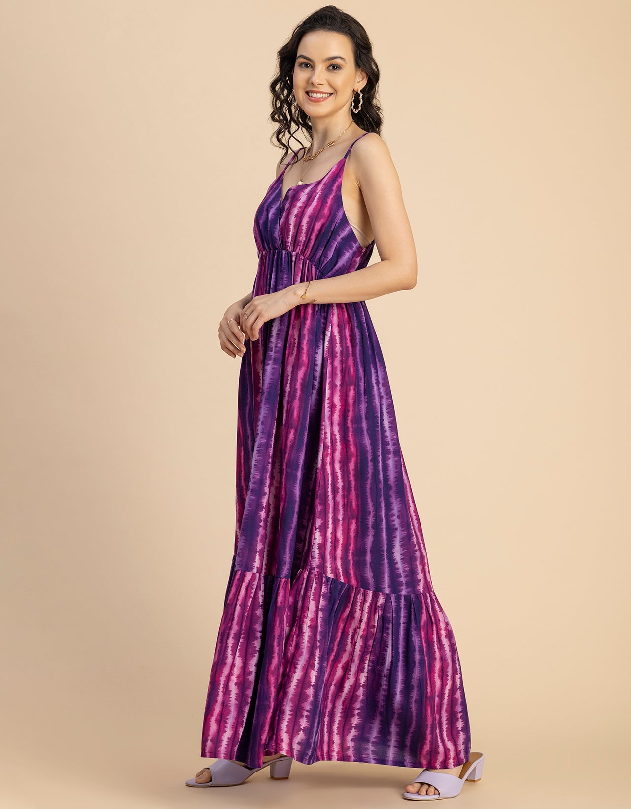 Shoulder Straps V Neck Printed Rayon Dress