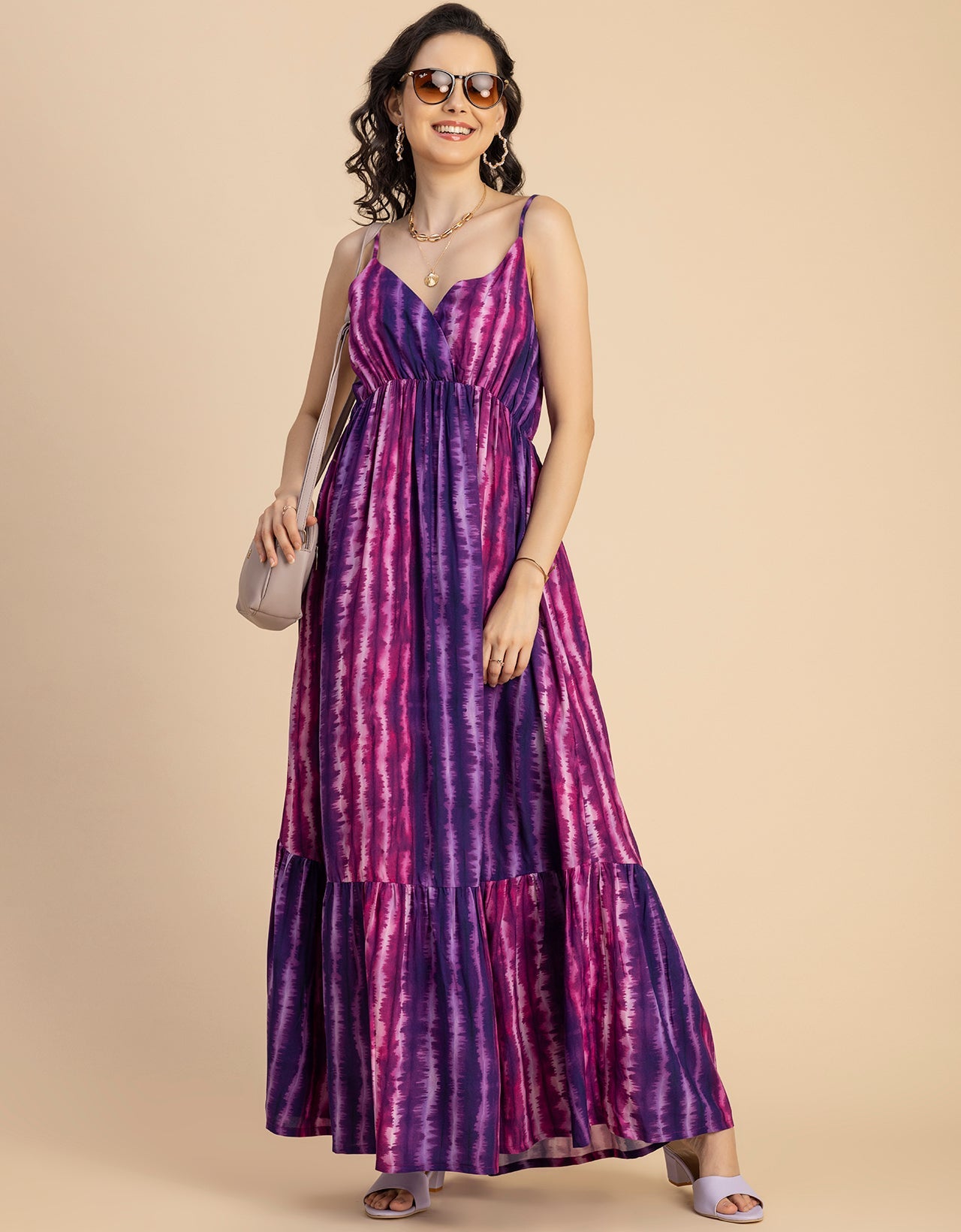 Shoulder Straps V Neck Printed Rayon Dress