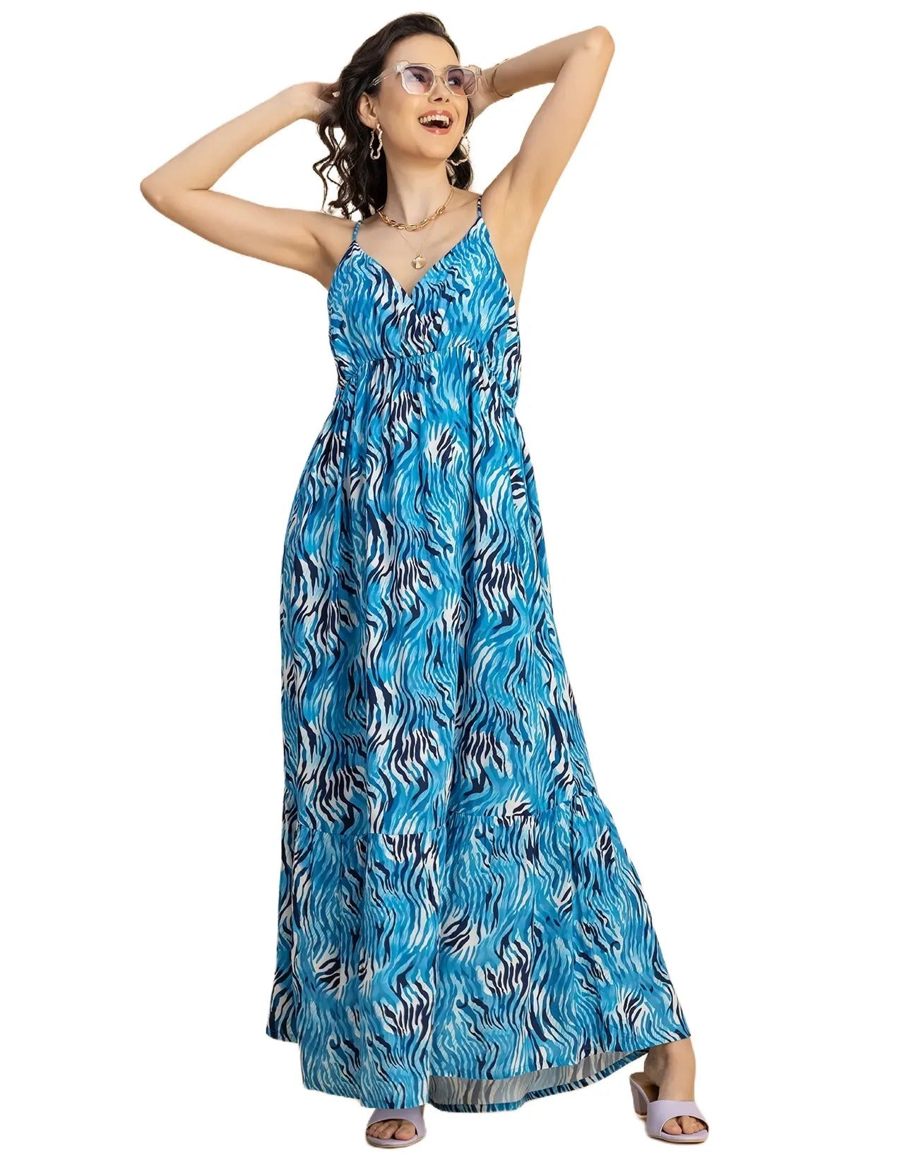 Shoulder Straps V Neck Printed Rayon Dress