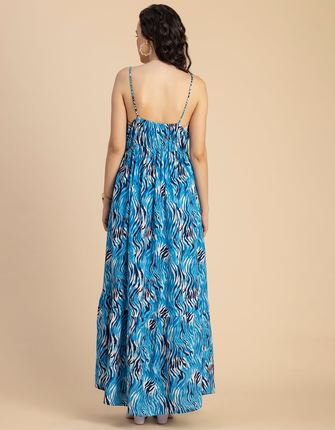 Shoulder Straps V Neck Printed Rayon Dress