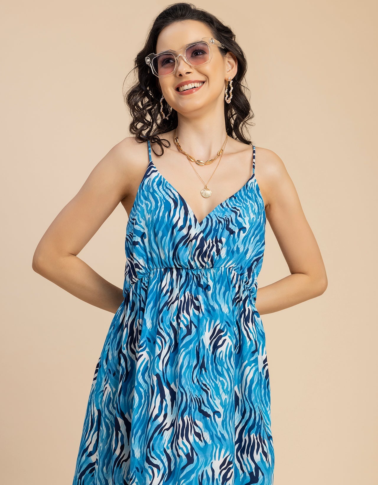 Shoulder Straps V Neck Printed Rayon Dress