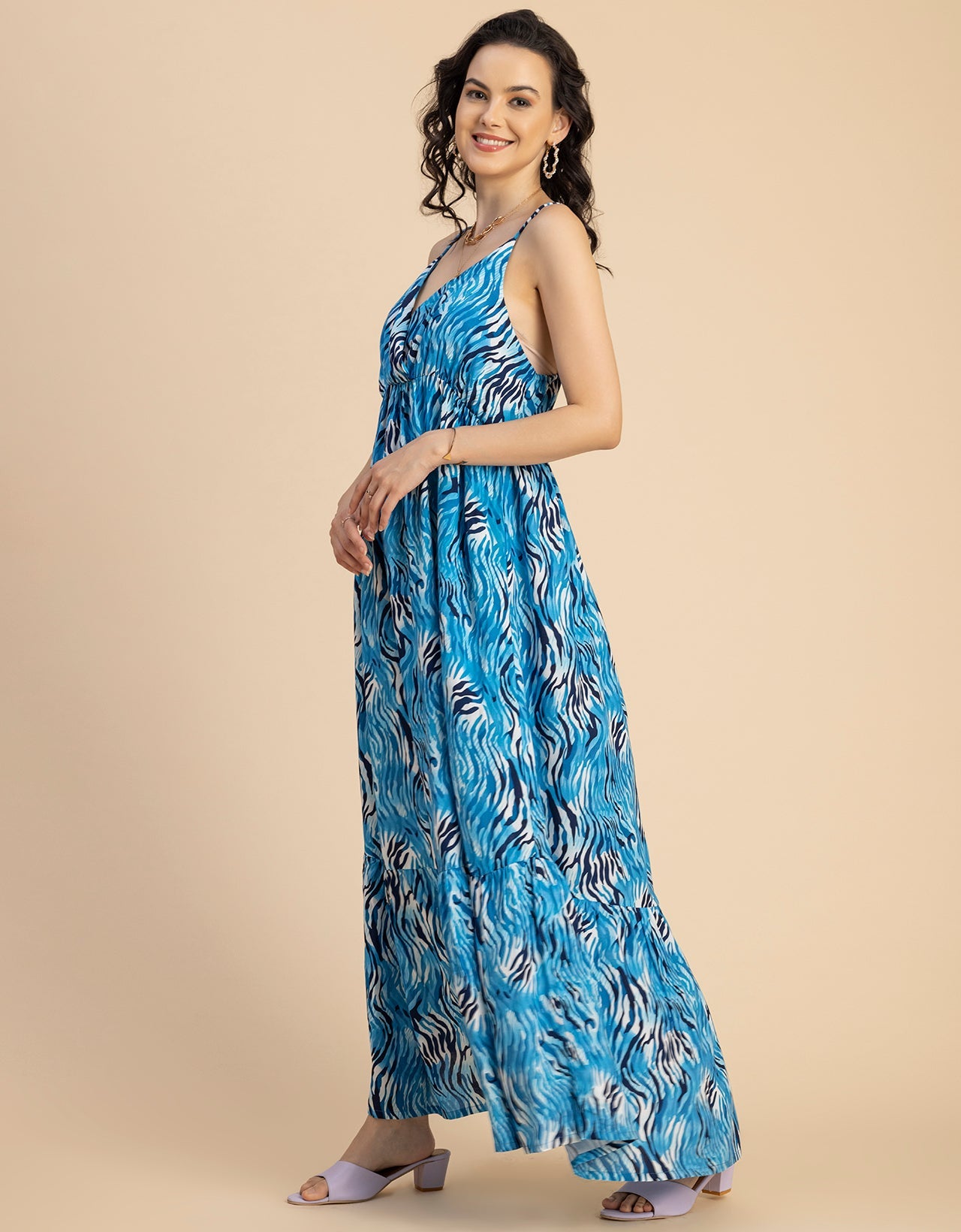 Shoulder Straps V Neck Printed Rayon Dress