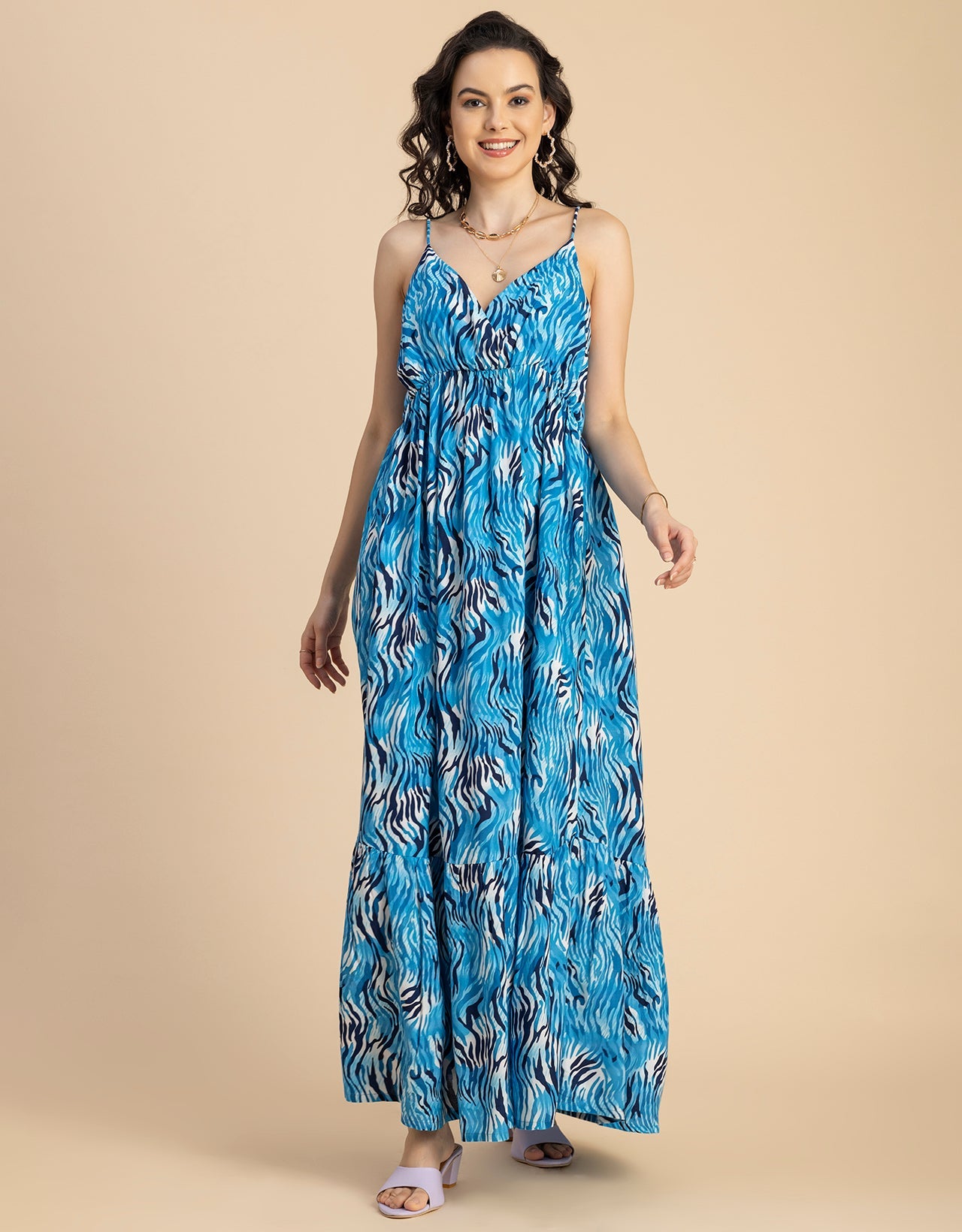 Shoulder Straps V Neck Printed Rayon Dress
