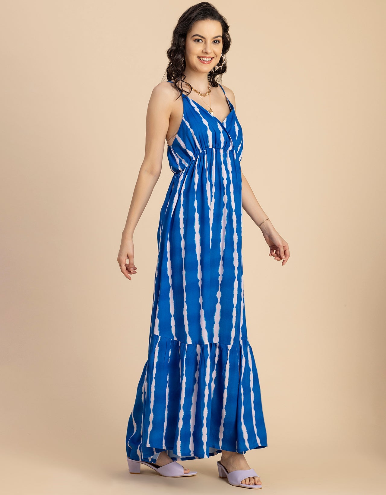 Shoulder Straps V Neck Printed Rayon Dress