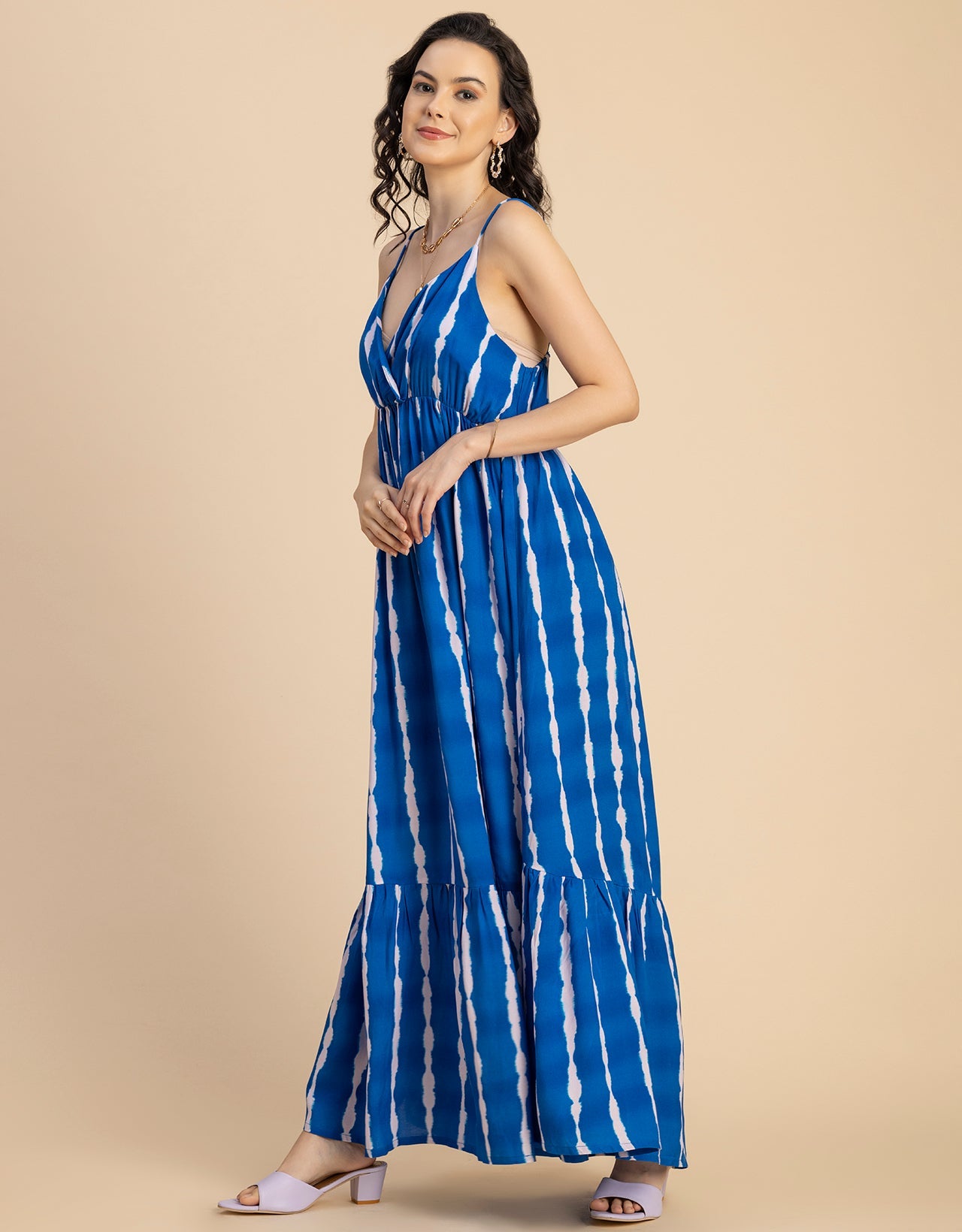Shoulder Straps V Neck Printed Rayon Dress