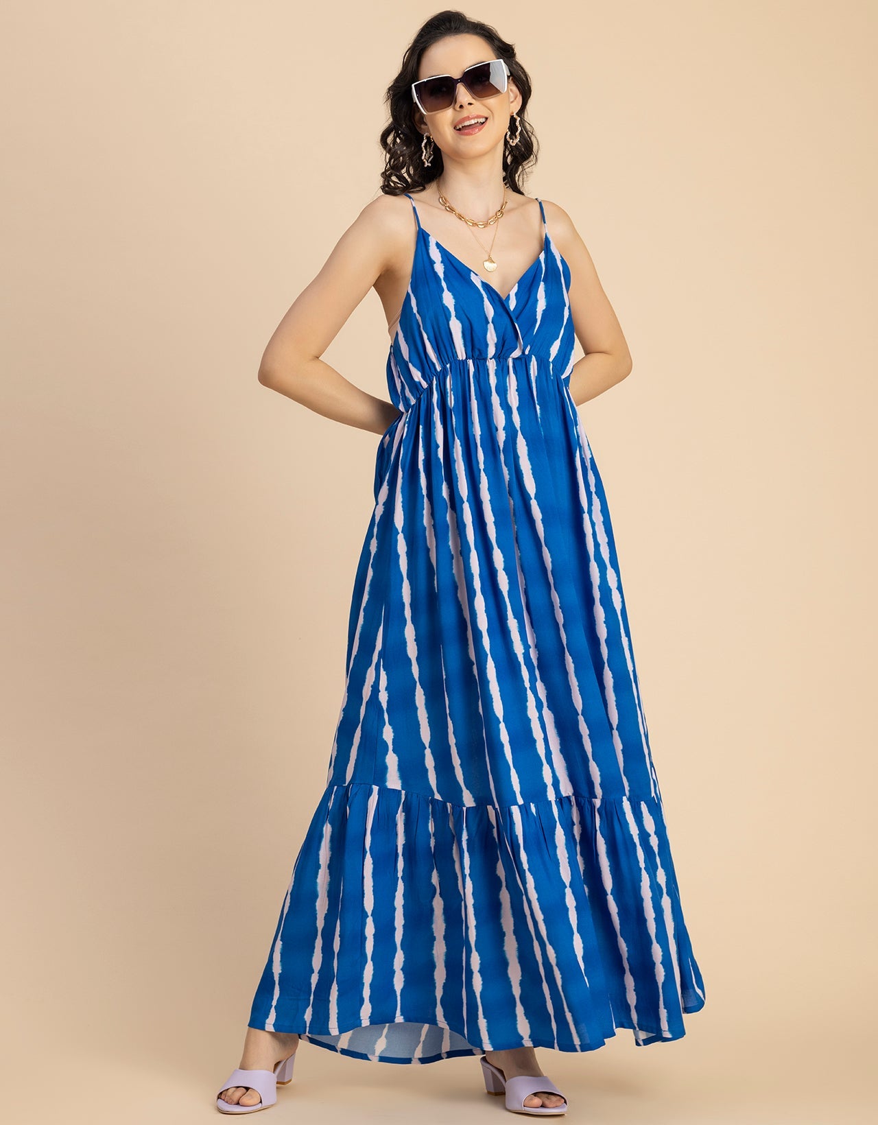 Shoulder Straps V Neck Printed Rayon Dress