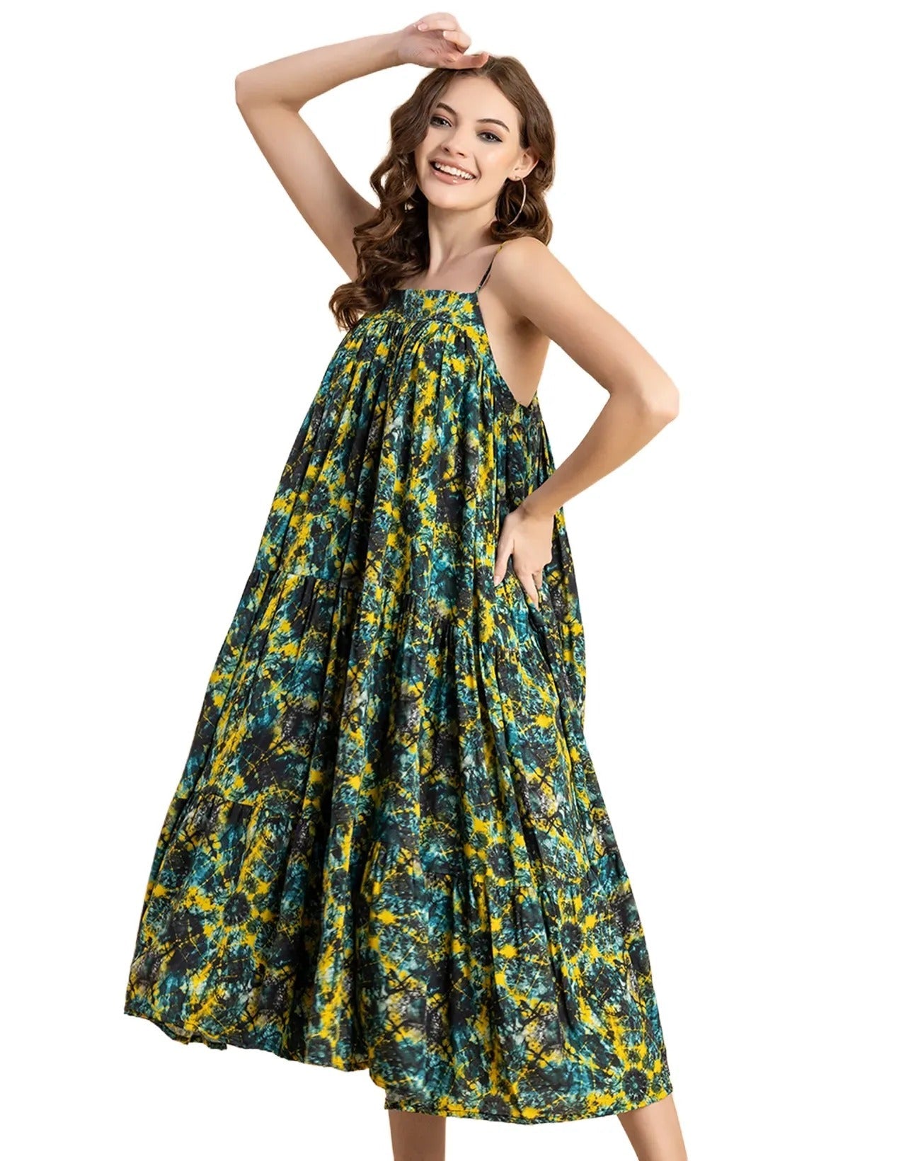 Shoulder Straps Square Neck Printed Rayon Dress