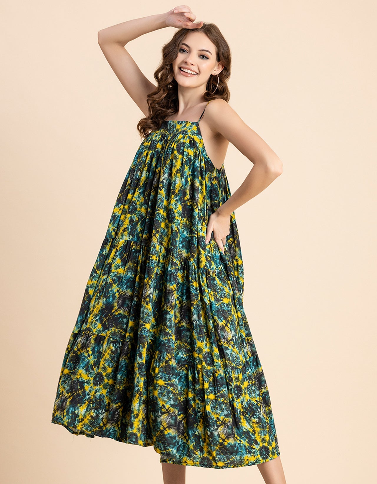 Shoulder Straps Square Neck Printed Rayon Dress
