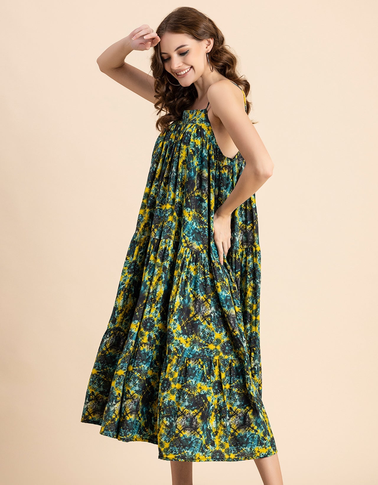 Shoulder Straps Square Neck Printed Rayon Dress