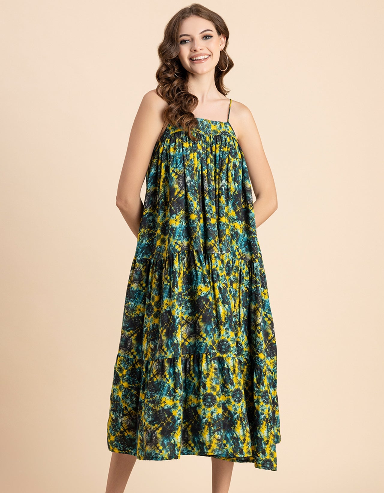 Shoulder Straps Square Neck Printed Rayon Dress