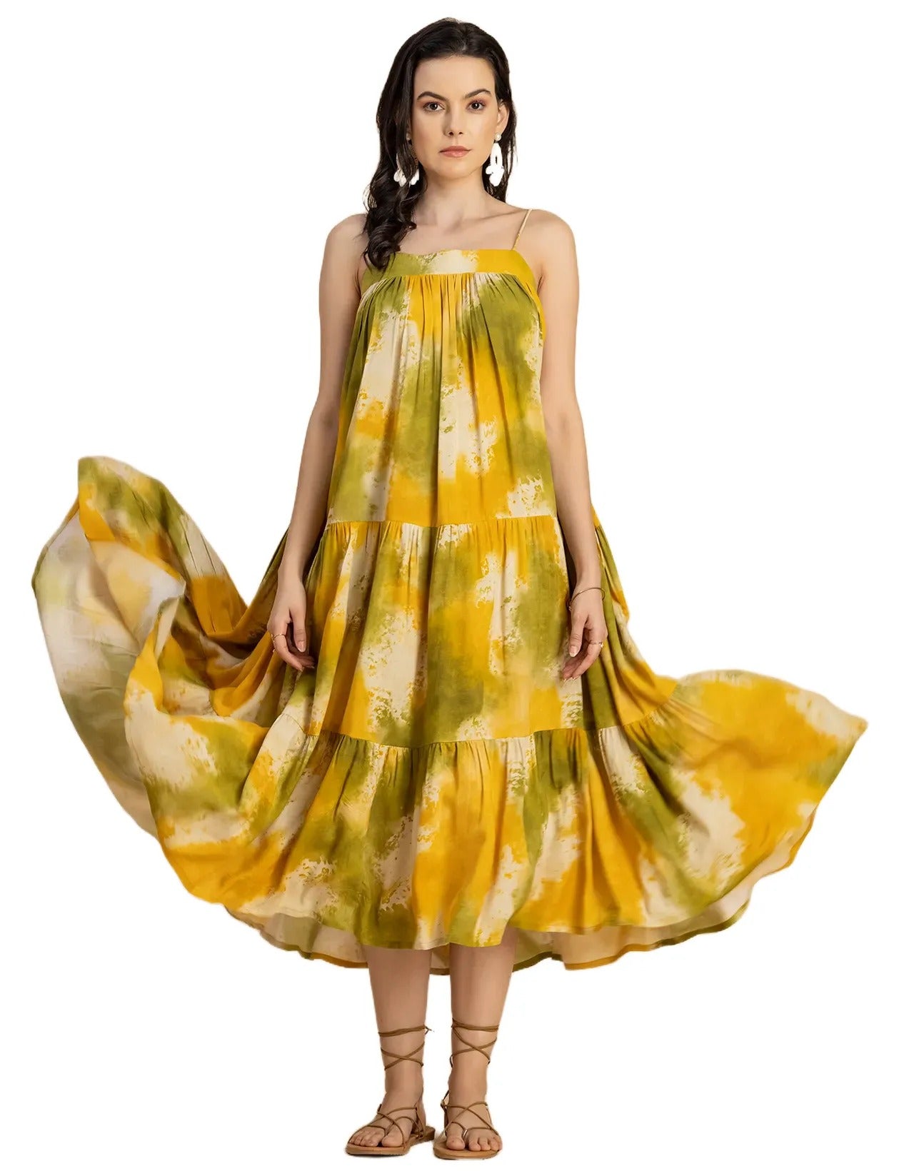 Shoulder Straps Square Neck Printed Rayon Dress
