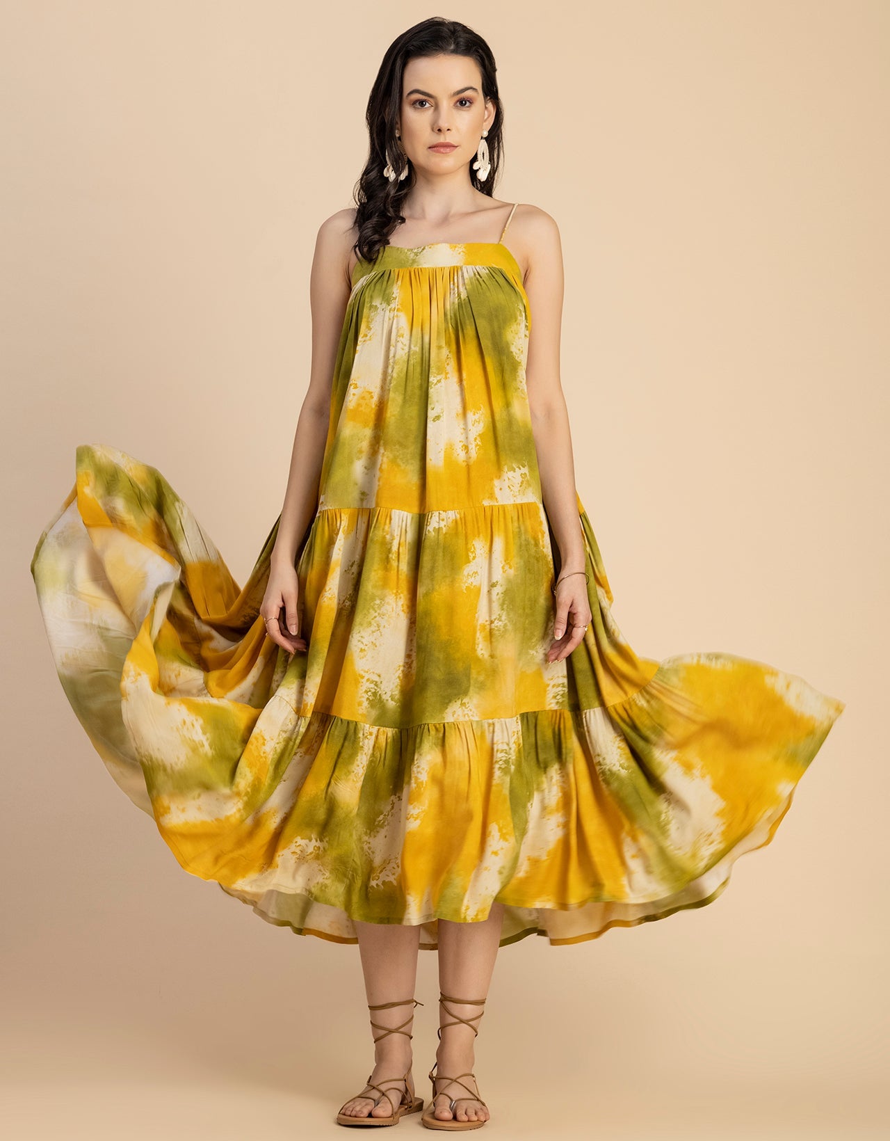Shoulder Straps Square Neck Printed Rayon Dress