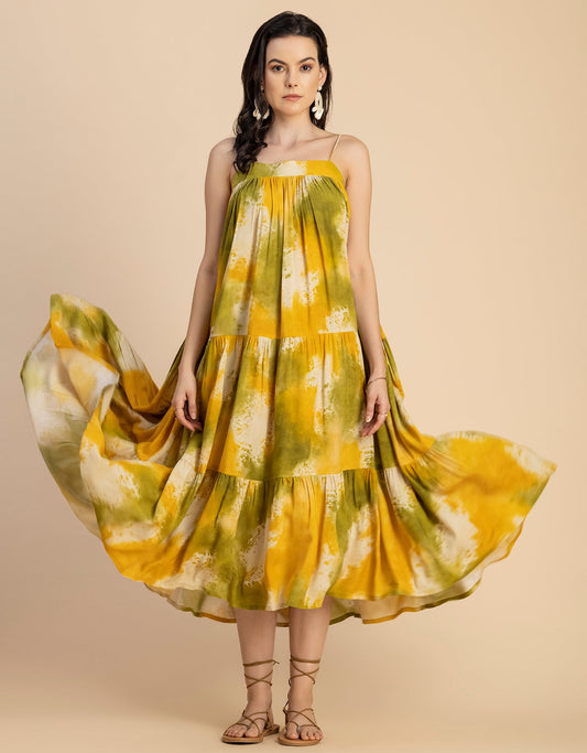 Shoulder Straps Square Neck Printed Rayon Dress
