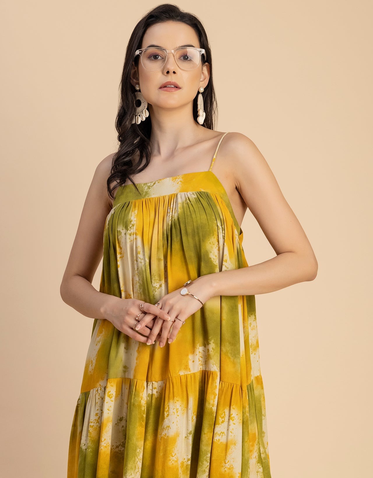 Shoulder Straps Square Neck Printed Rayon Dress