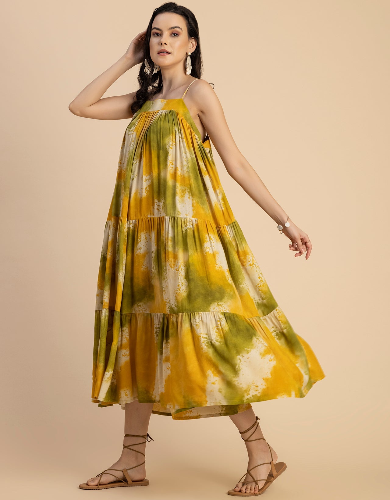 Shoulder Straps Square Neck Printed Rayon Dress