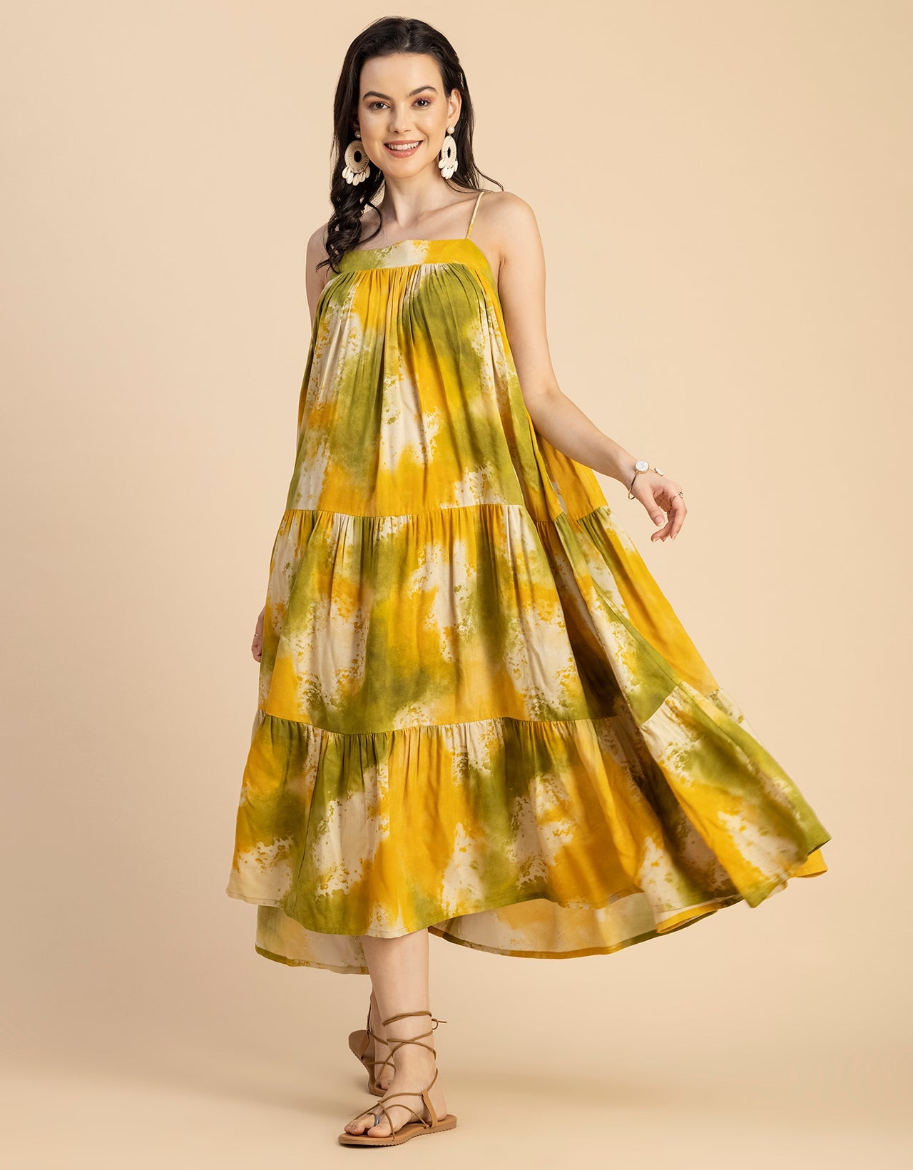 Shoulder Straps Square Neck Printed Rayon Dress