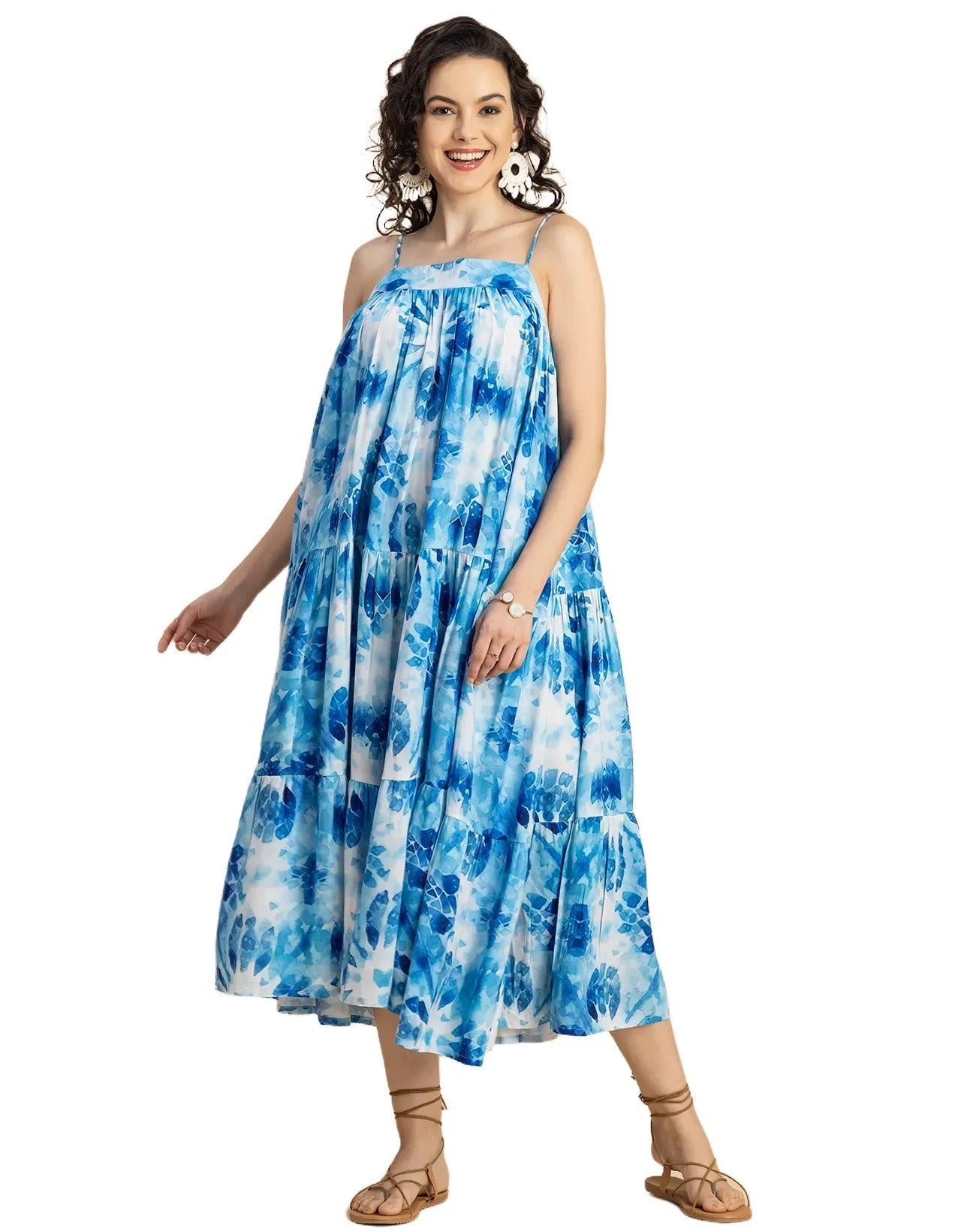 Shoulder Straps Square Neck Printed Rayon Dress