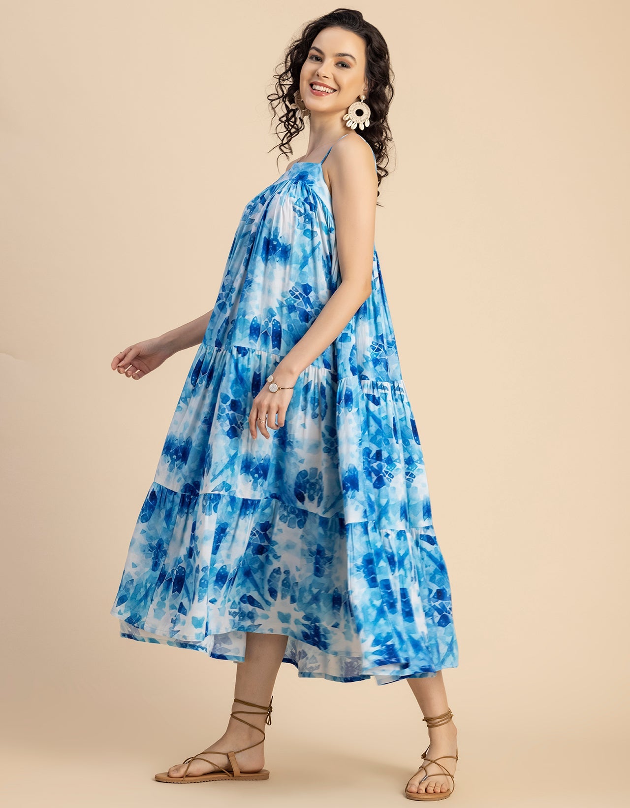 Shoulder Straps Square Neck Printed Rayon Dress