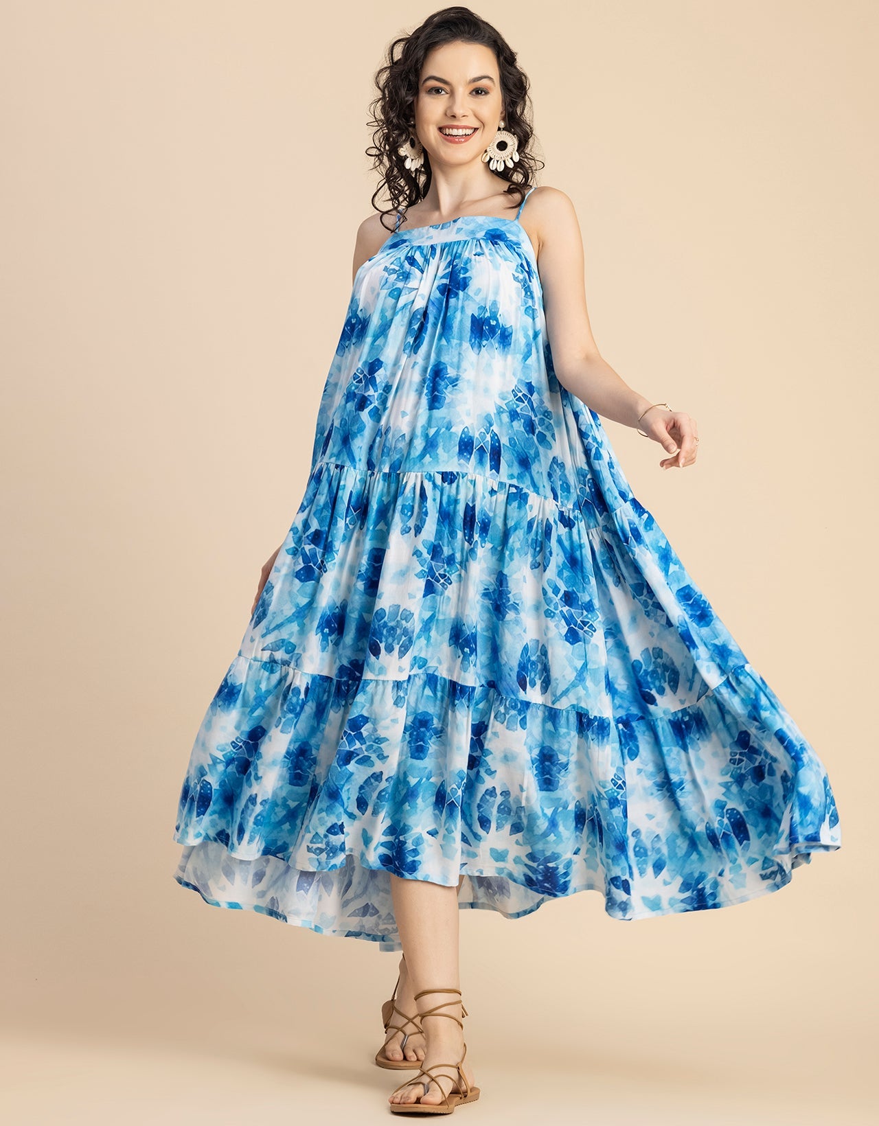 Shoulder Straps Square Neck Printed Rayon Dress