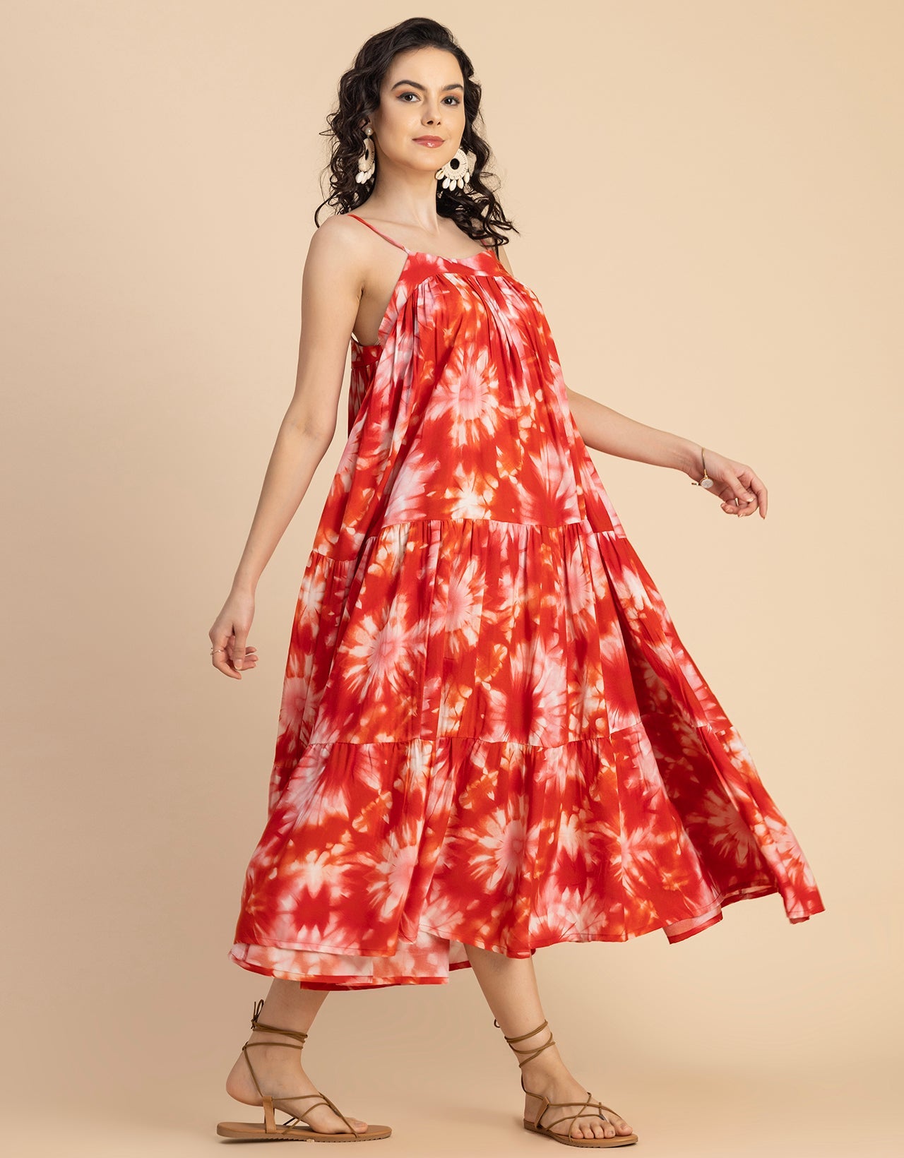 Shoulder Straps Square Neck Printed Rayon Dress