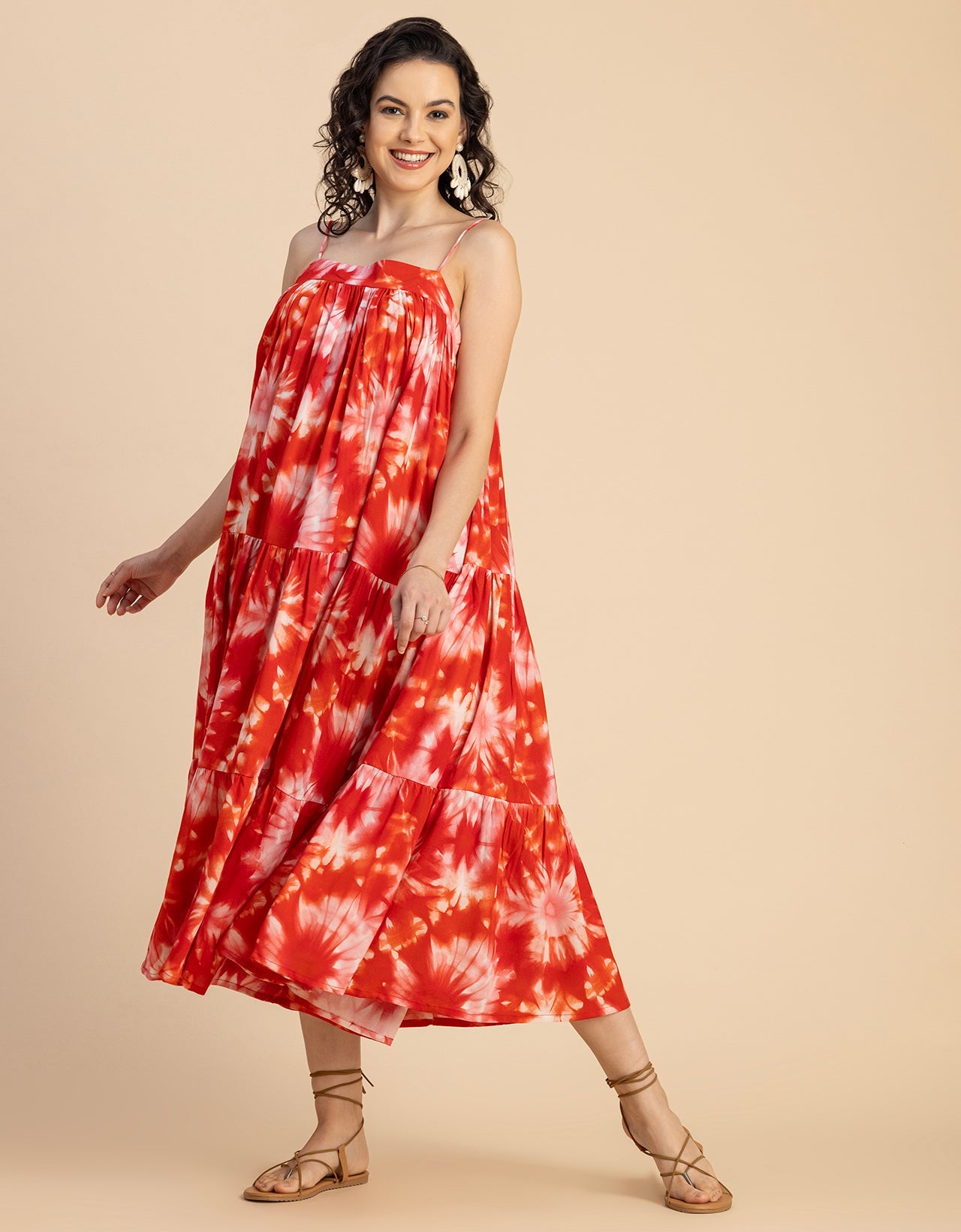 Shoulder Straps Square Neck Printed Rayon Dress