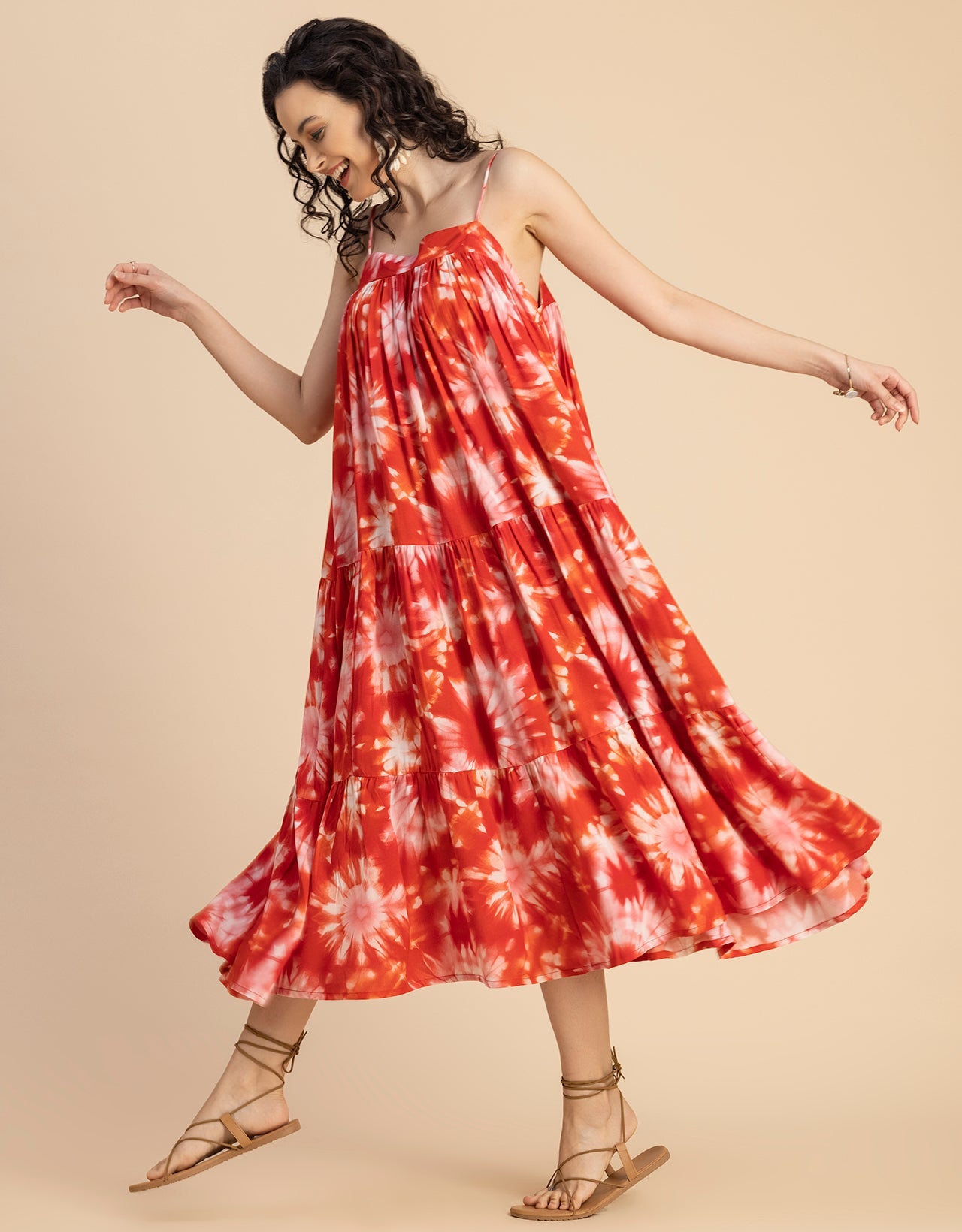 Shoulder Straps Square Neck Printed Rayon Dress