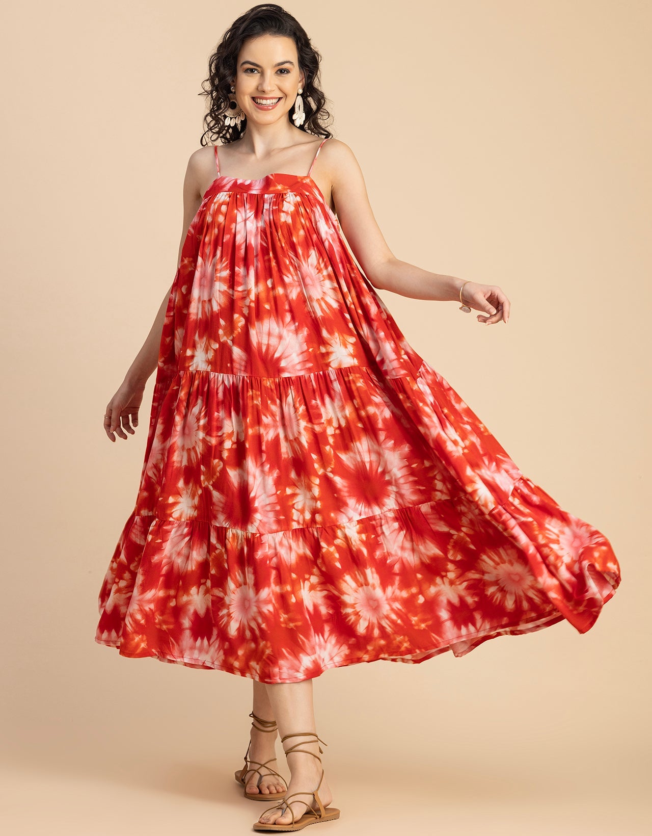 Shoulder Straps Square Neck Printed Rayon Dress