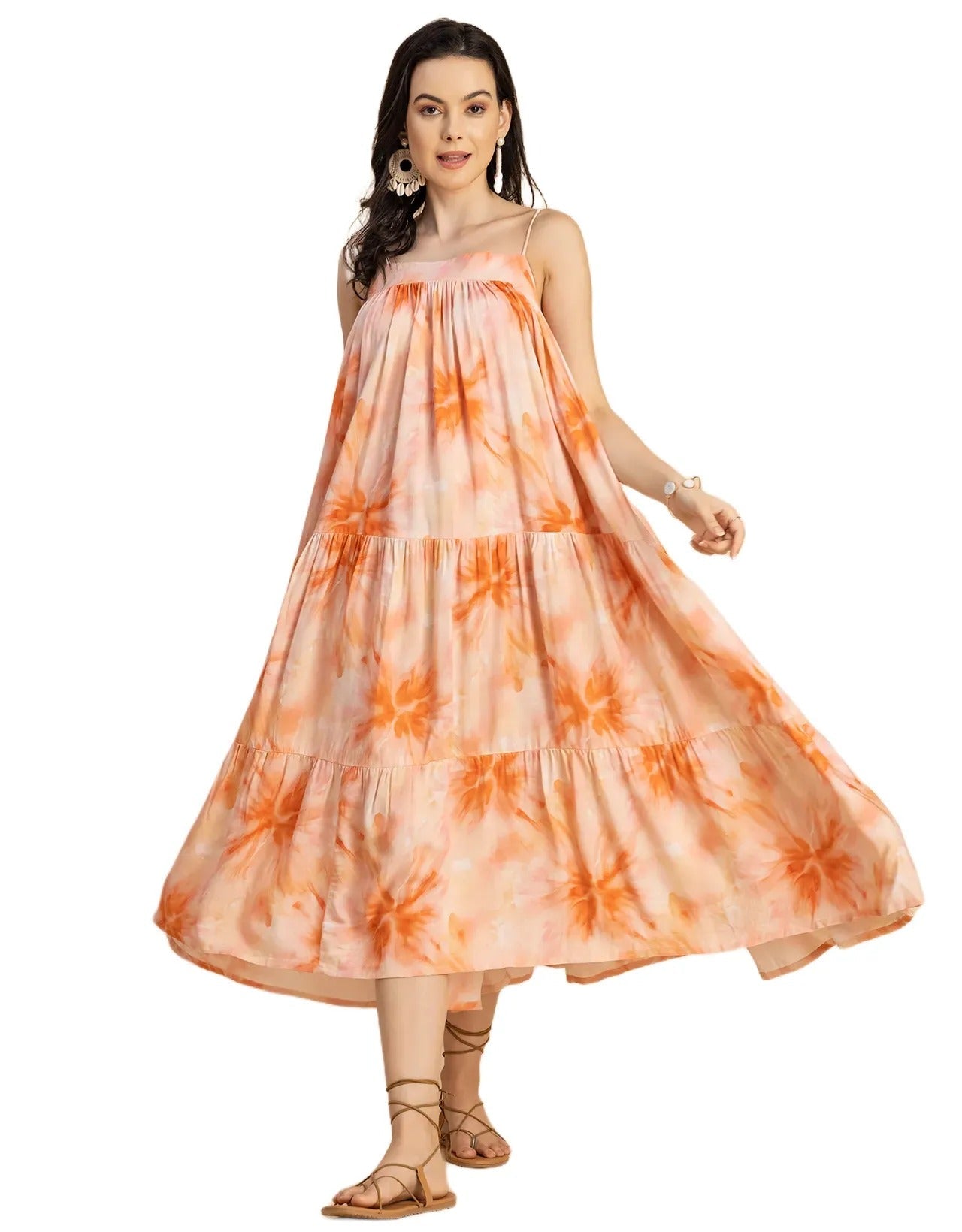 Shoulder Straps Square Neck Printed Rayon Dress