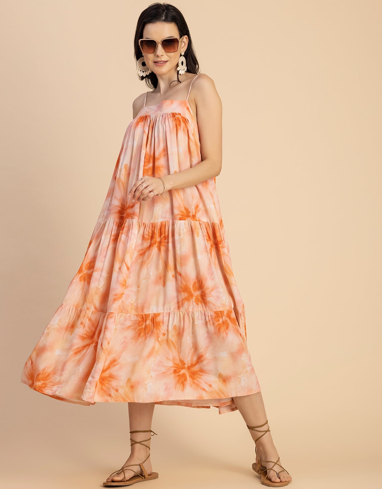 Shoulder Straps Square Neck Printed Rayon Dress