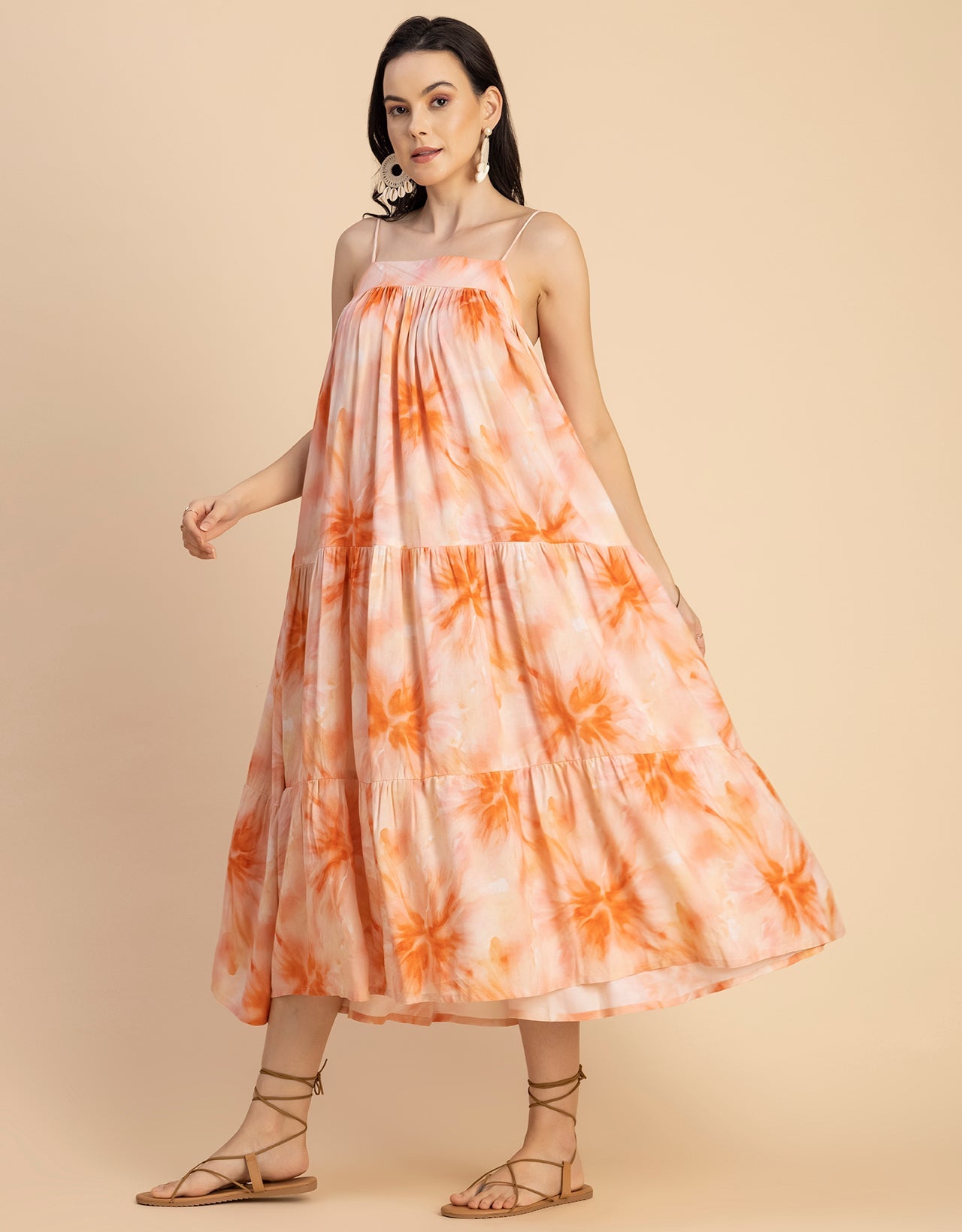 Shoulder Straps Square Neck Printed Rayon Dress