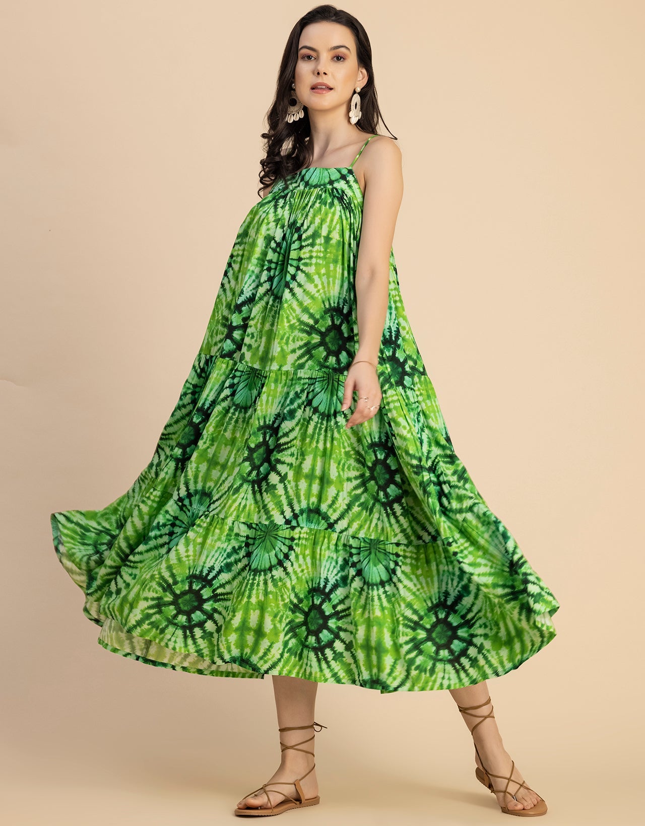 Shoulder Straps Square Neck Printed Rayon Dress