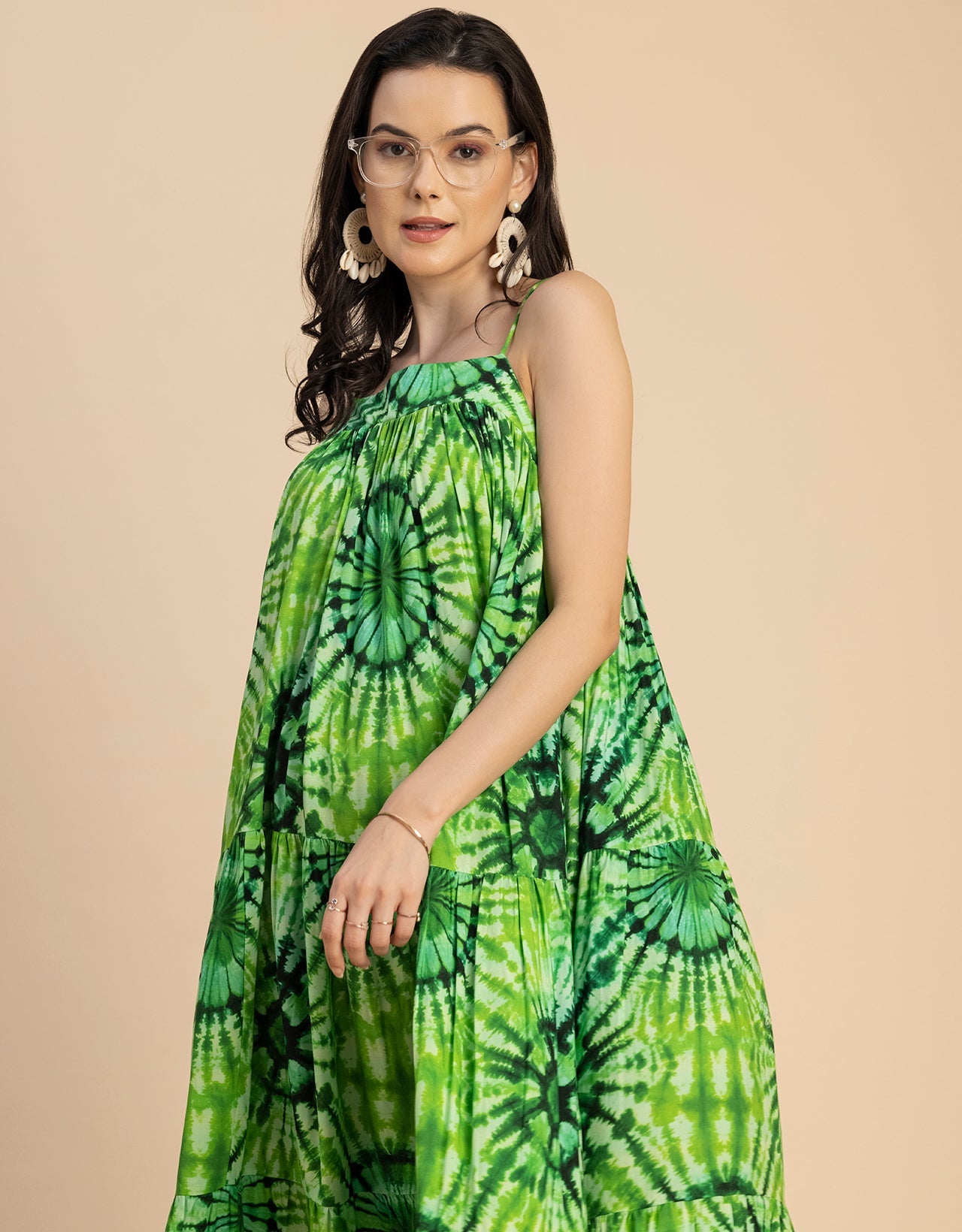 Shoulder Straps Square Neck Printed Rayon Dress