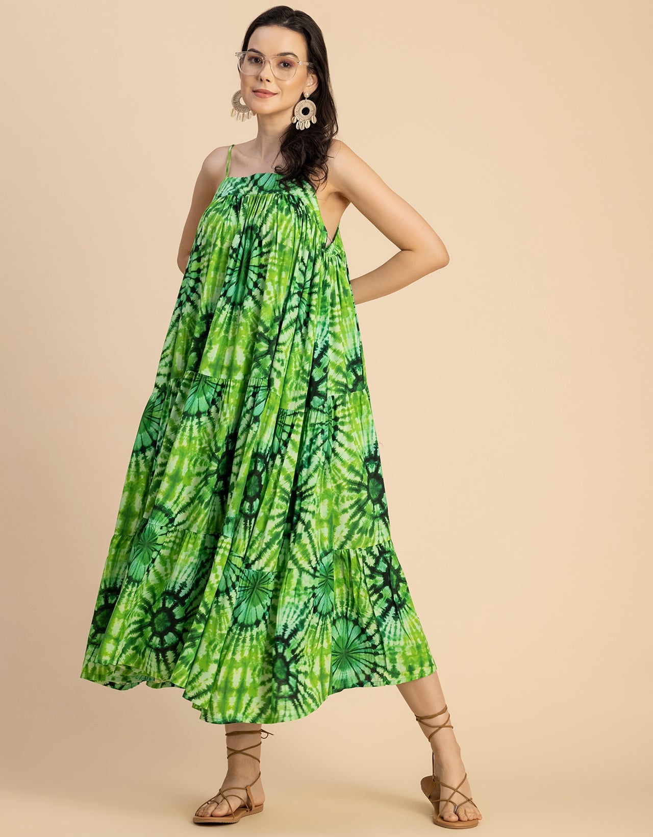 Shoulder Straps Square Neck Printed Rayon Dress