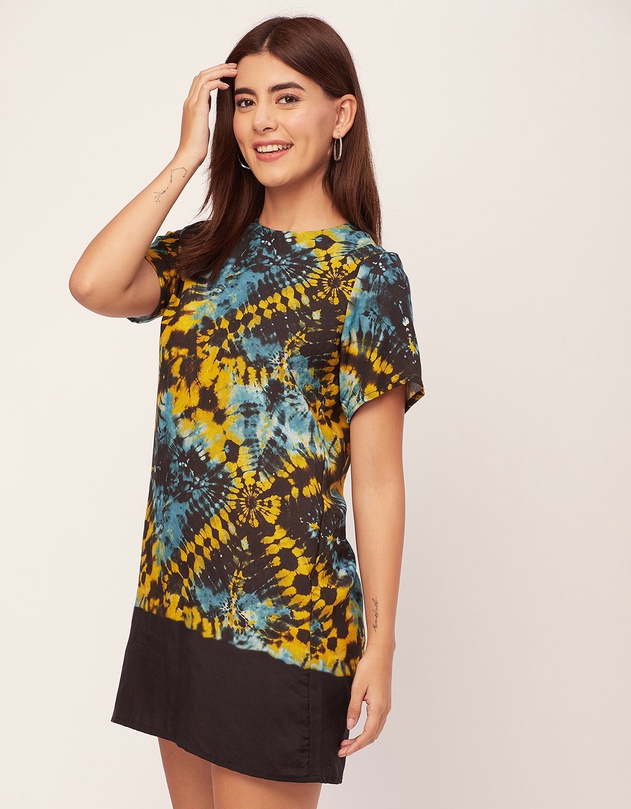 Round Neck Short Sleeve Printed Rayon Dress