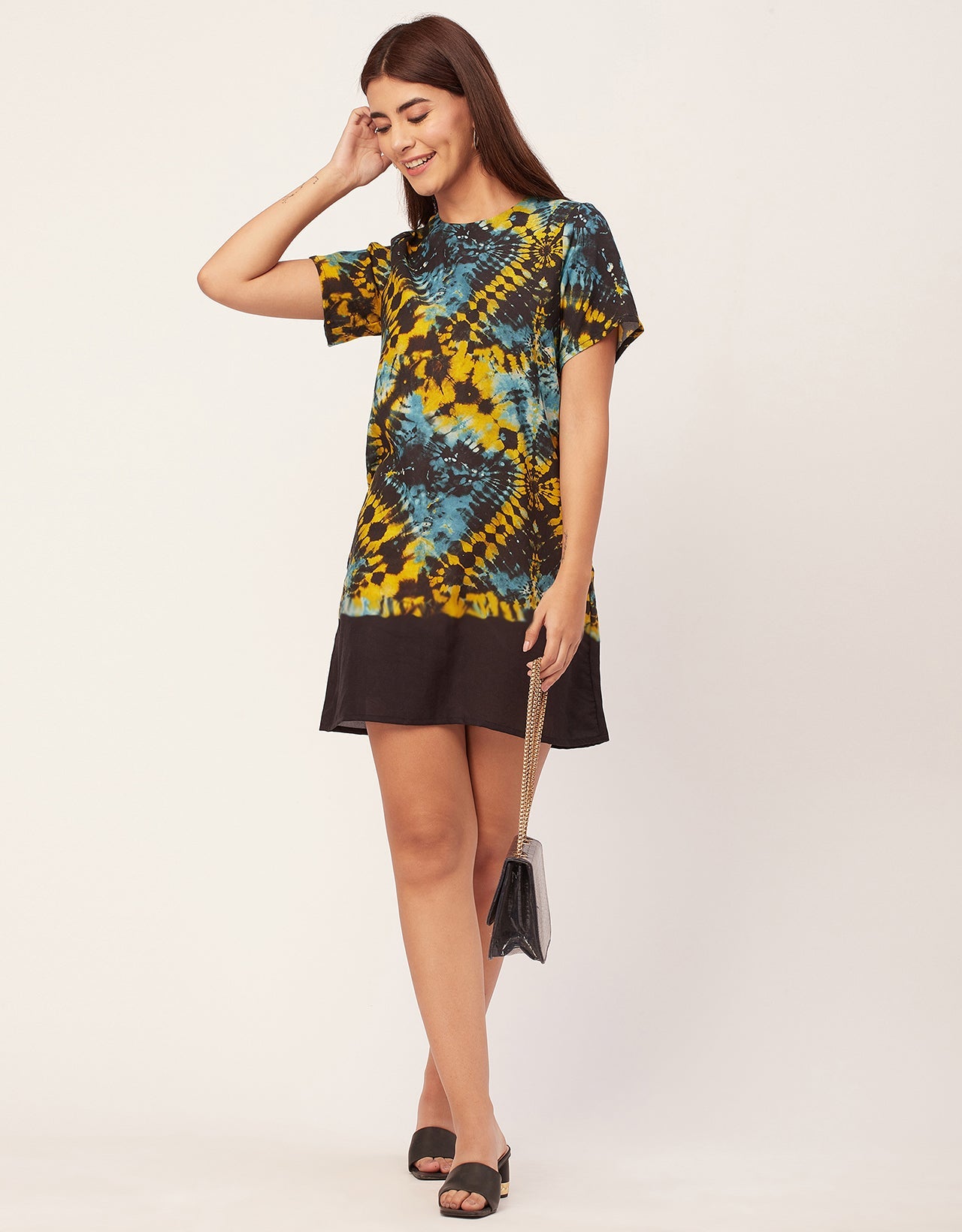 Round Neck Short Sleeve Printed Rayon Dress