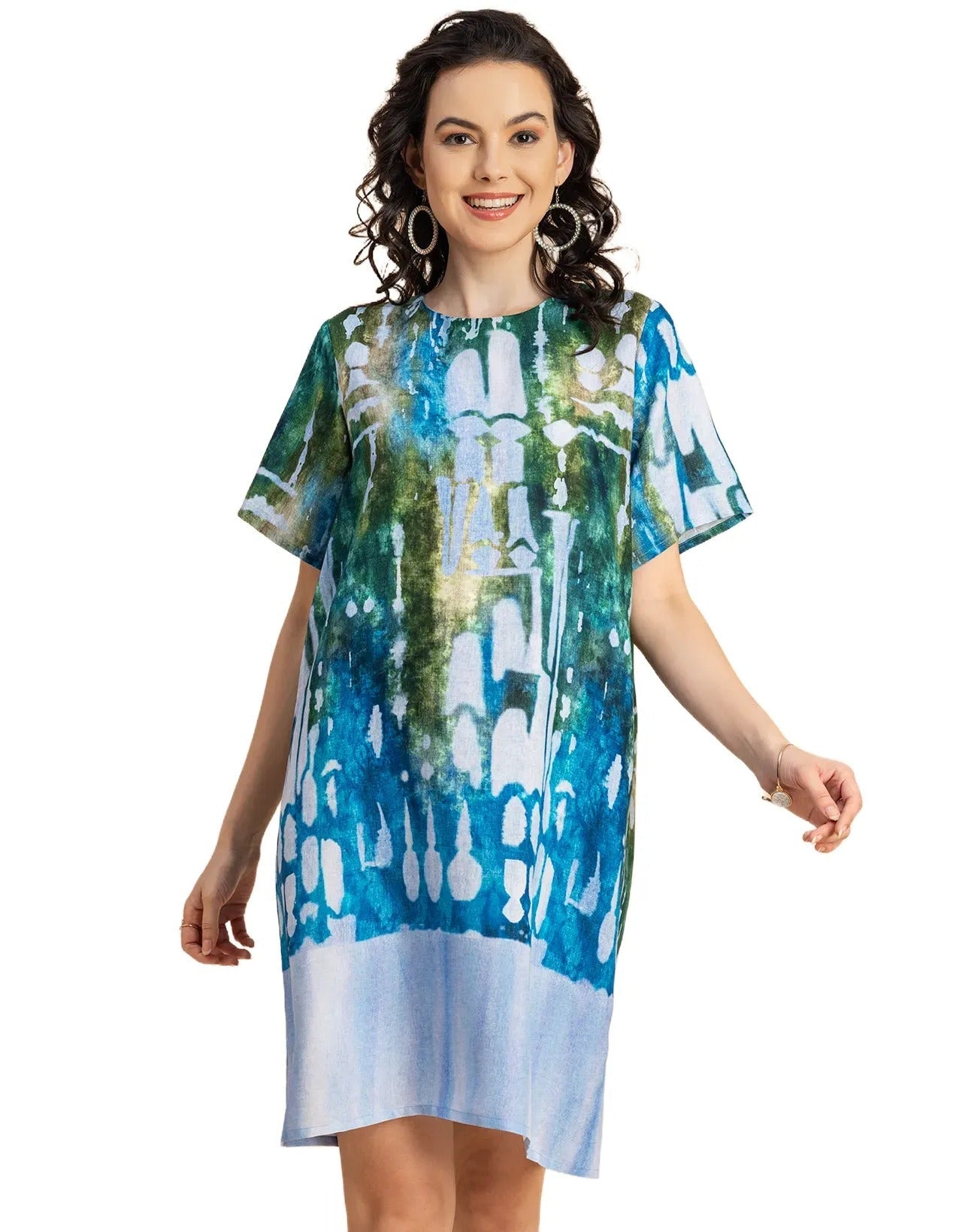 Round Neck Short Sleeve Printed Rayon Dress
