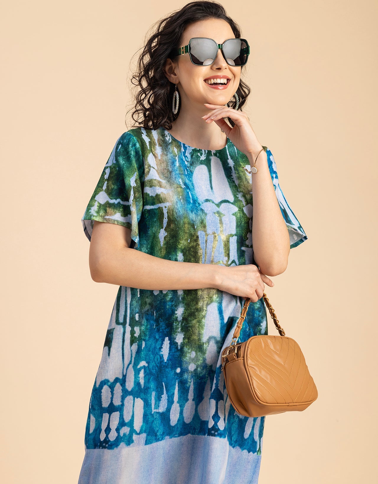 Round Neck Short Sleeve Printed Rayon Dress