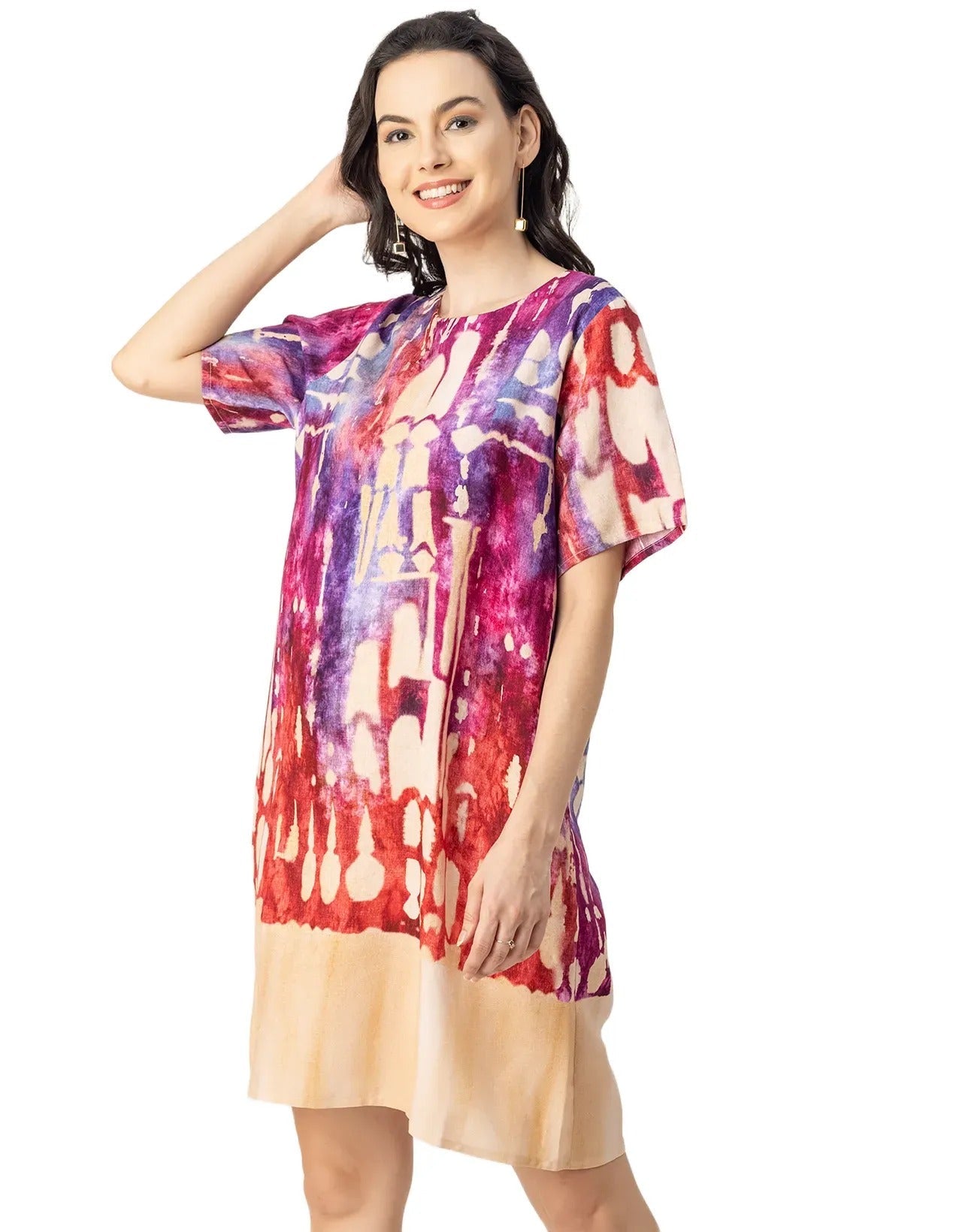 Round Neck Short Sleeve Printed Rayon Dress