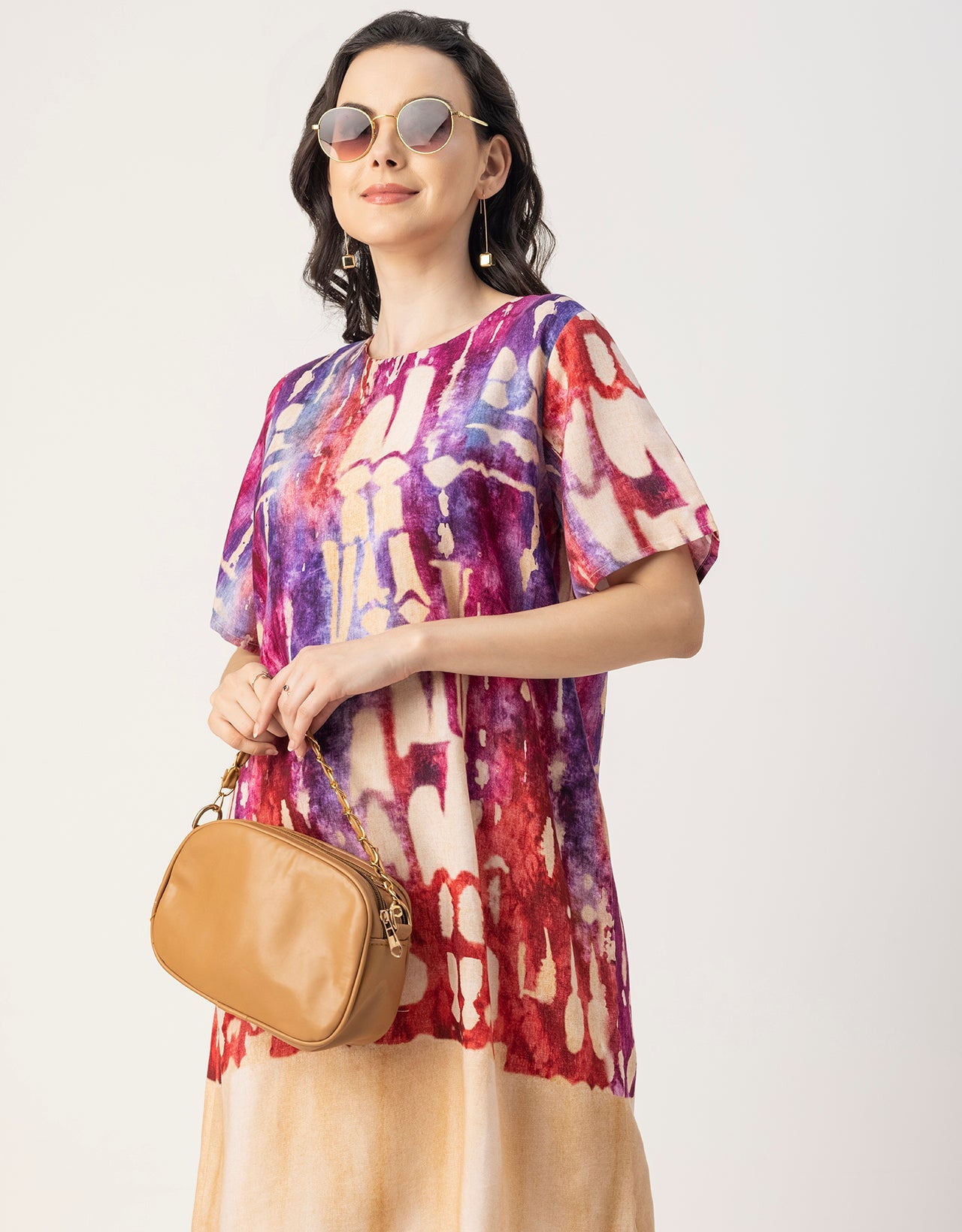Round Neck Short Sleeve Printed Rayon Dress