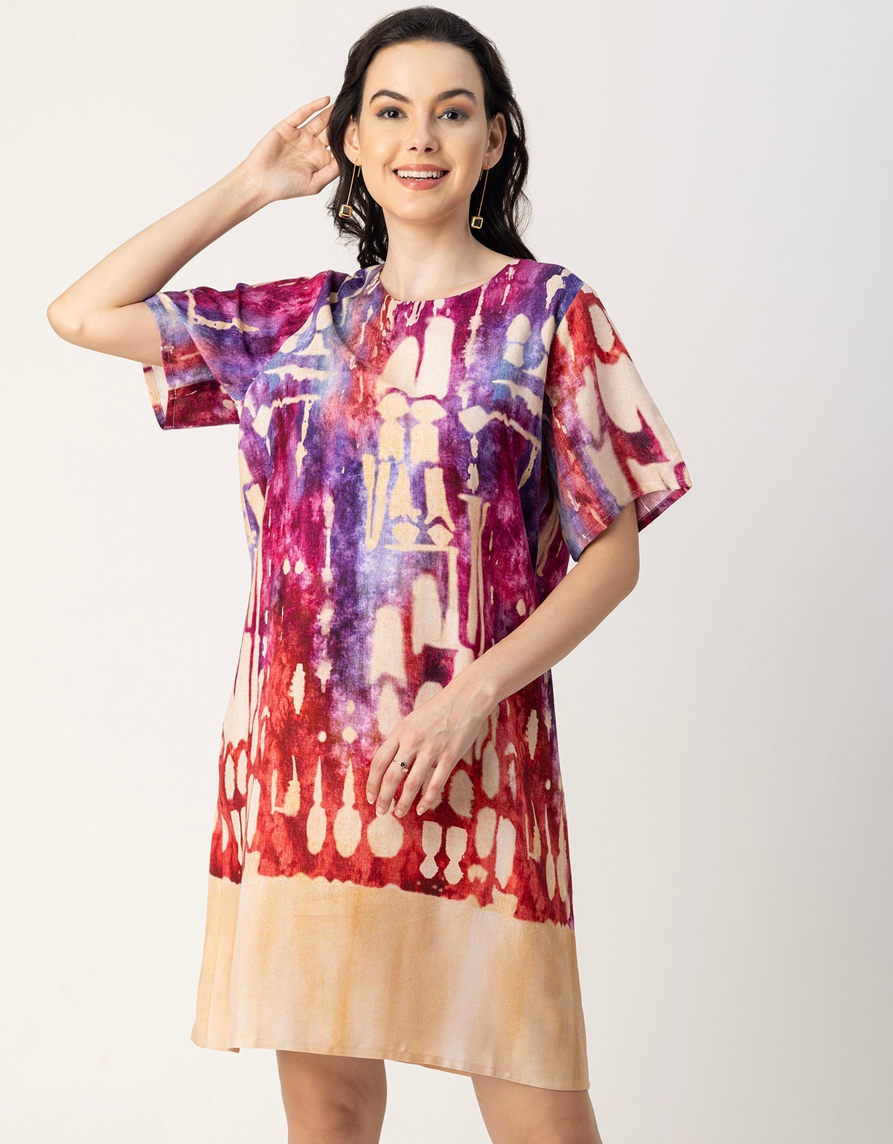 Round Neck Short Sleeve Printed Rayon Dress