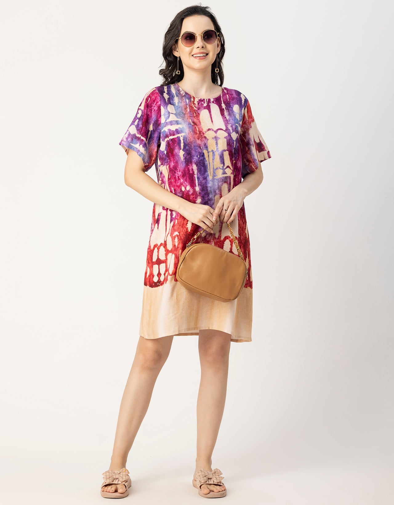 Round Neck Short Sleeve Printed Rayon Dress