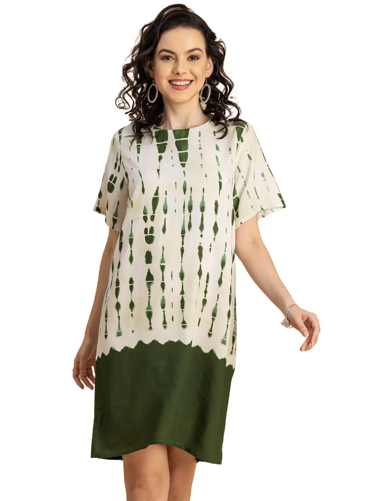 Round Neck Short Sleeve Printed Rayon Dress