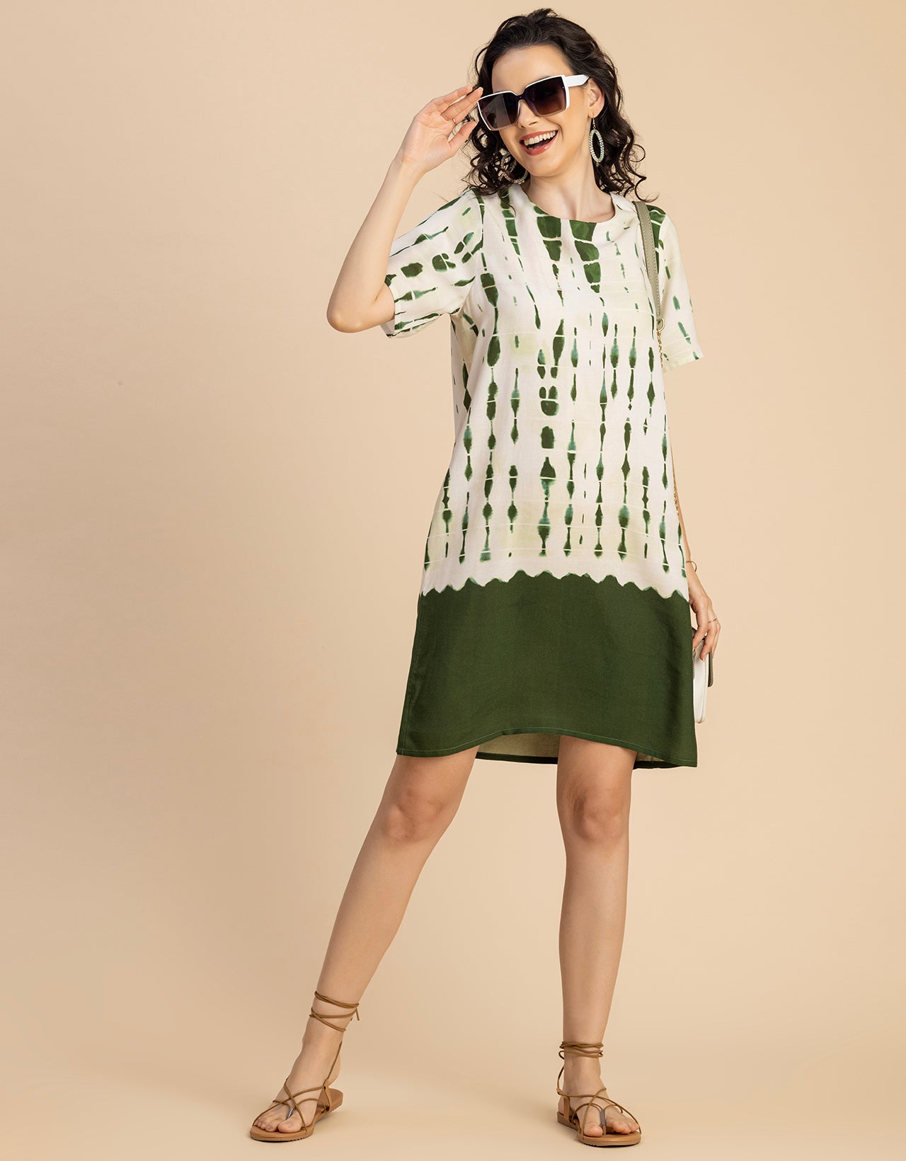 Round Neck Short Sleeve Printed Rayon Dress