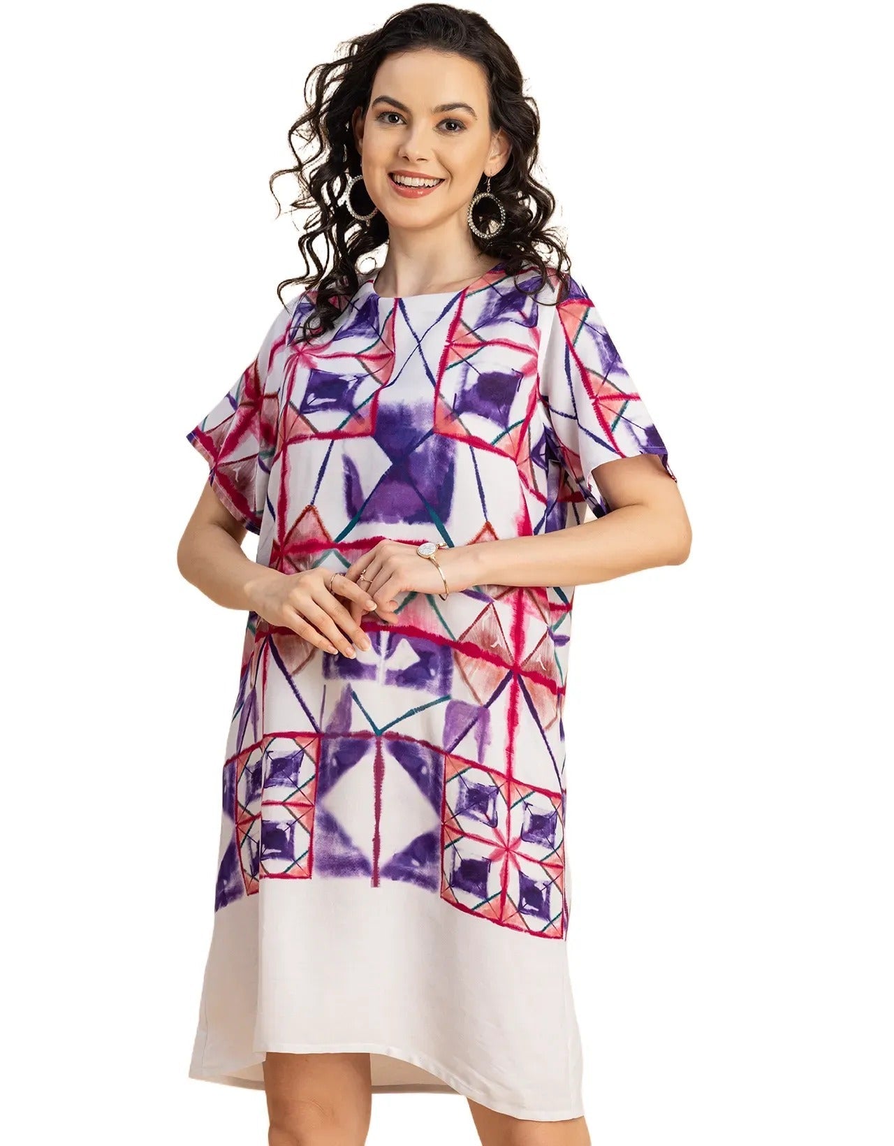 Round Neck Short Sleeve Printed Rayon Dress