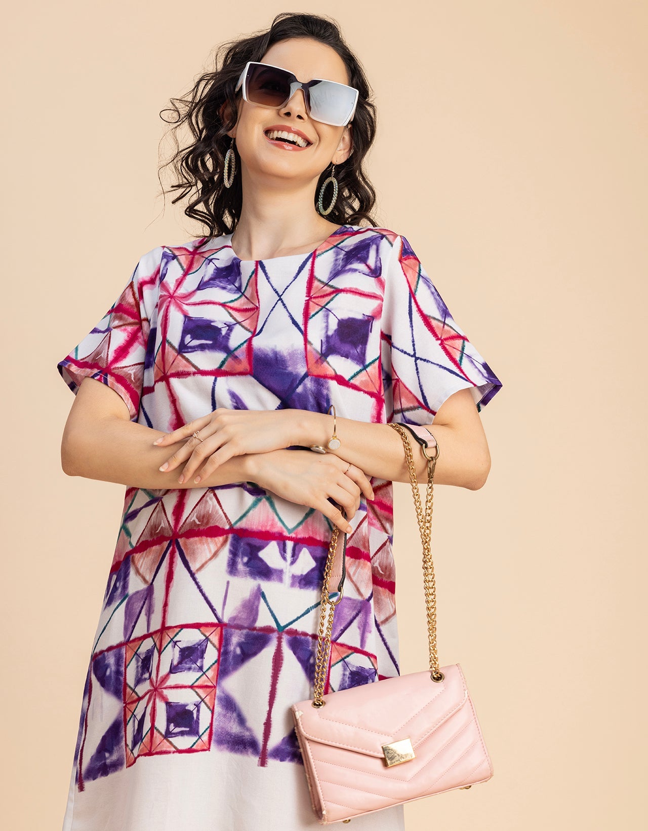 Round Neck Short Sleeve Printed Rayon Dress
