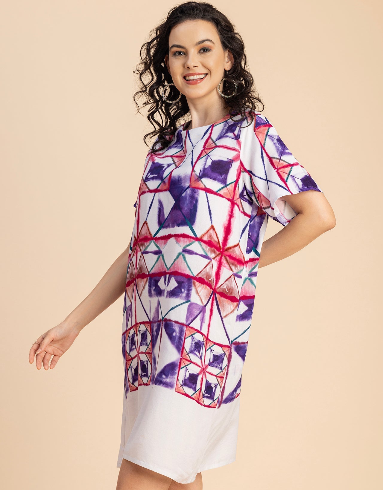 Round Neck Short Sleeve Printed Rayon Dress